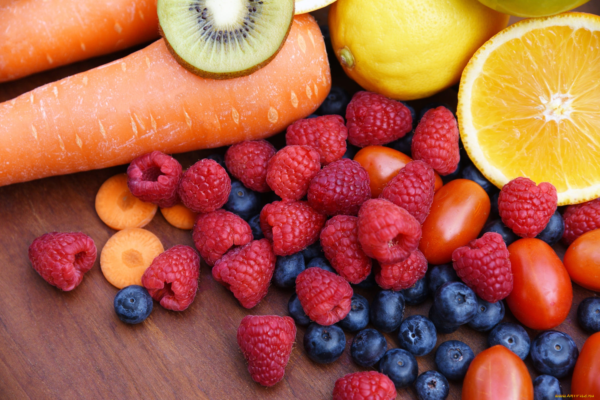 еда, фрукты, и, овощи, вместе, овощи, ягоды