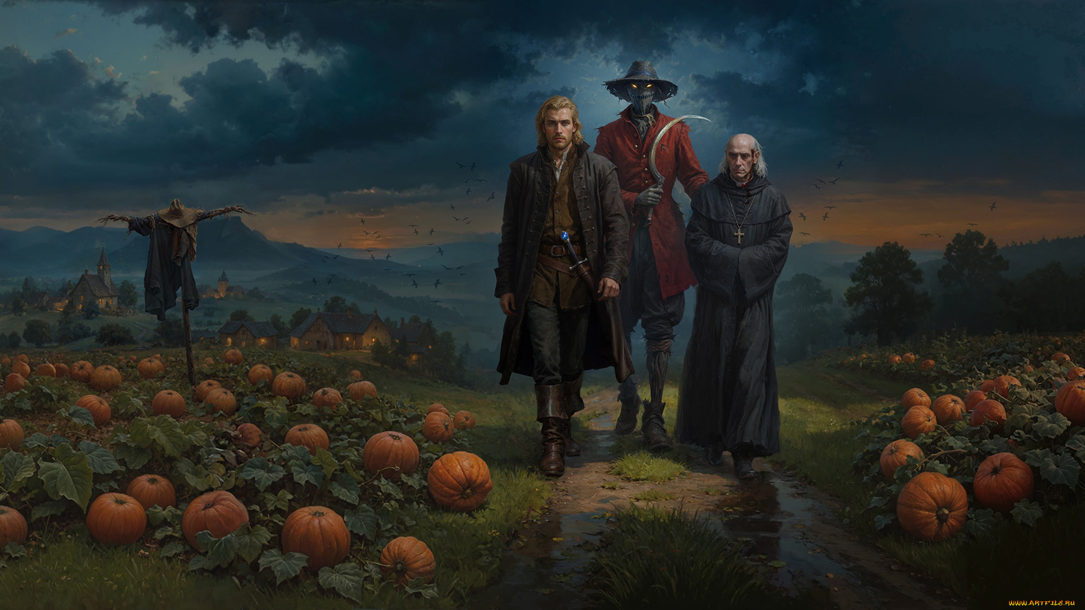 фэнтези, люди, тыквенное, поле