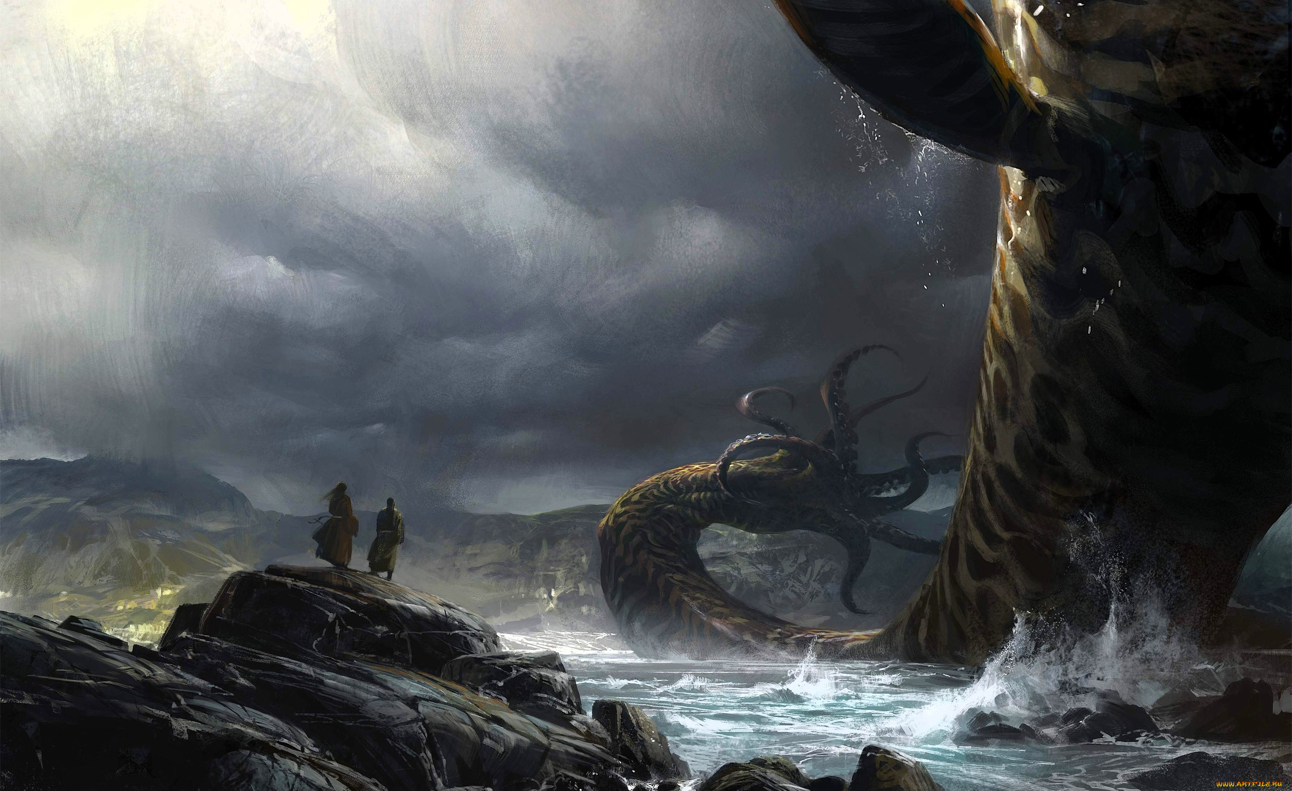 видео, игры, guild, wars, 2, тучи, скалы, камни, берег, море, люди, монстр