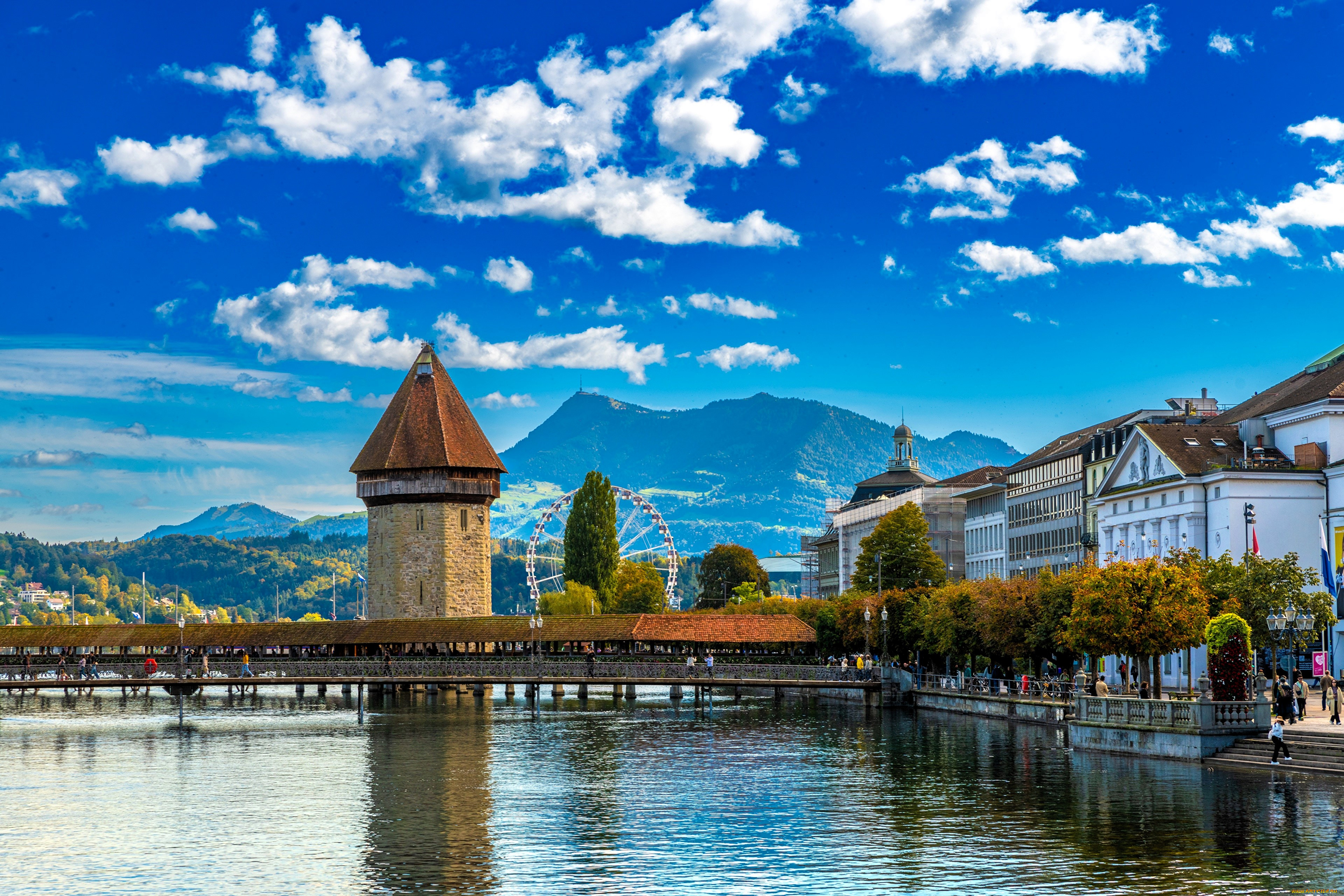 города, люцерн, , швейцария, горы, облака, озеро, мост, башня, дома, деревья, осень