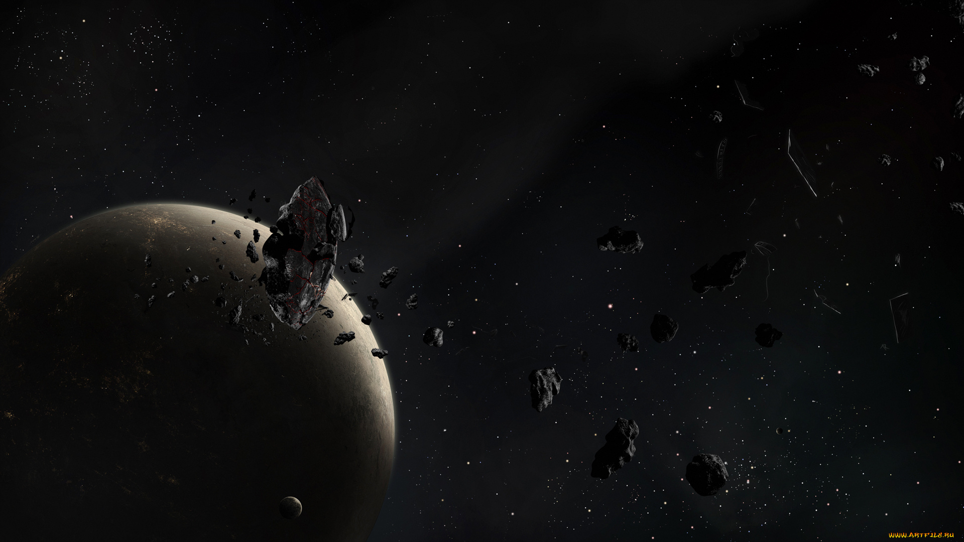 космос, луна, звезды, обломки, астероиды, планета