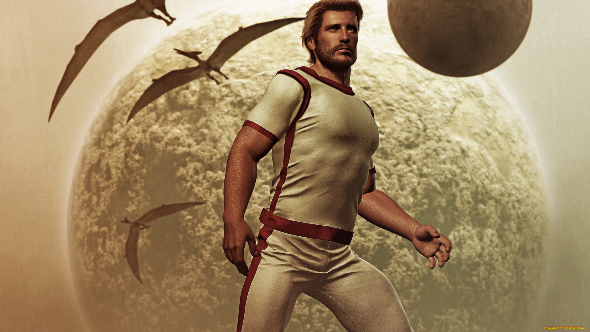 фэнтези, люди, птеродактиль, борода, блондин, мужчина, космос, планета, майка, штаны