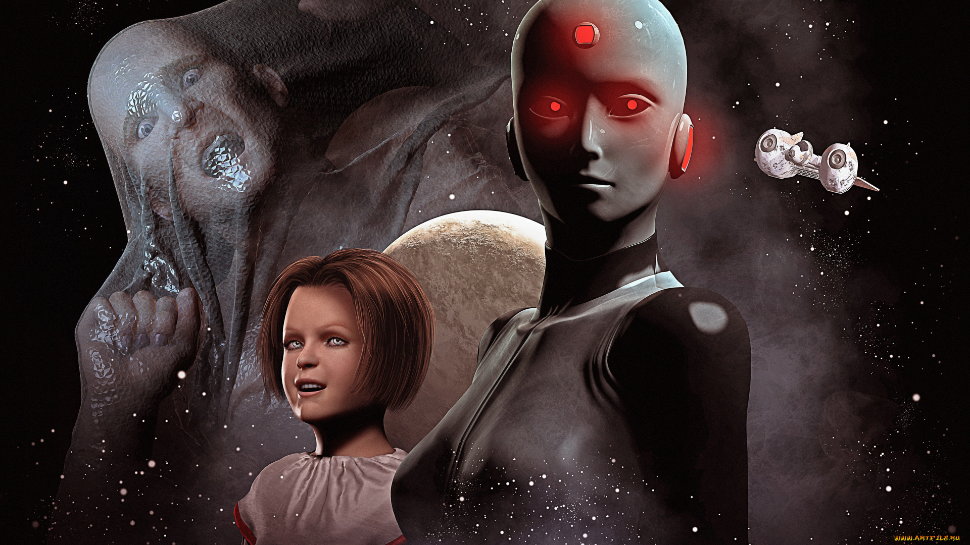 фэнтези, роботы, киборги, механизмы, робот, звездолет, девочка, планета