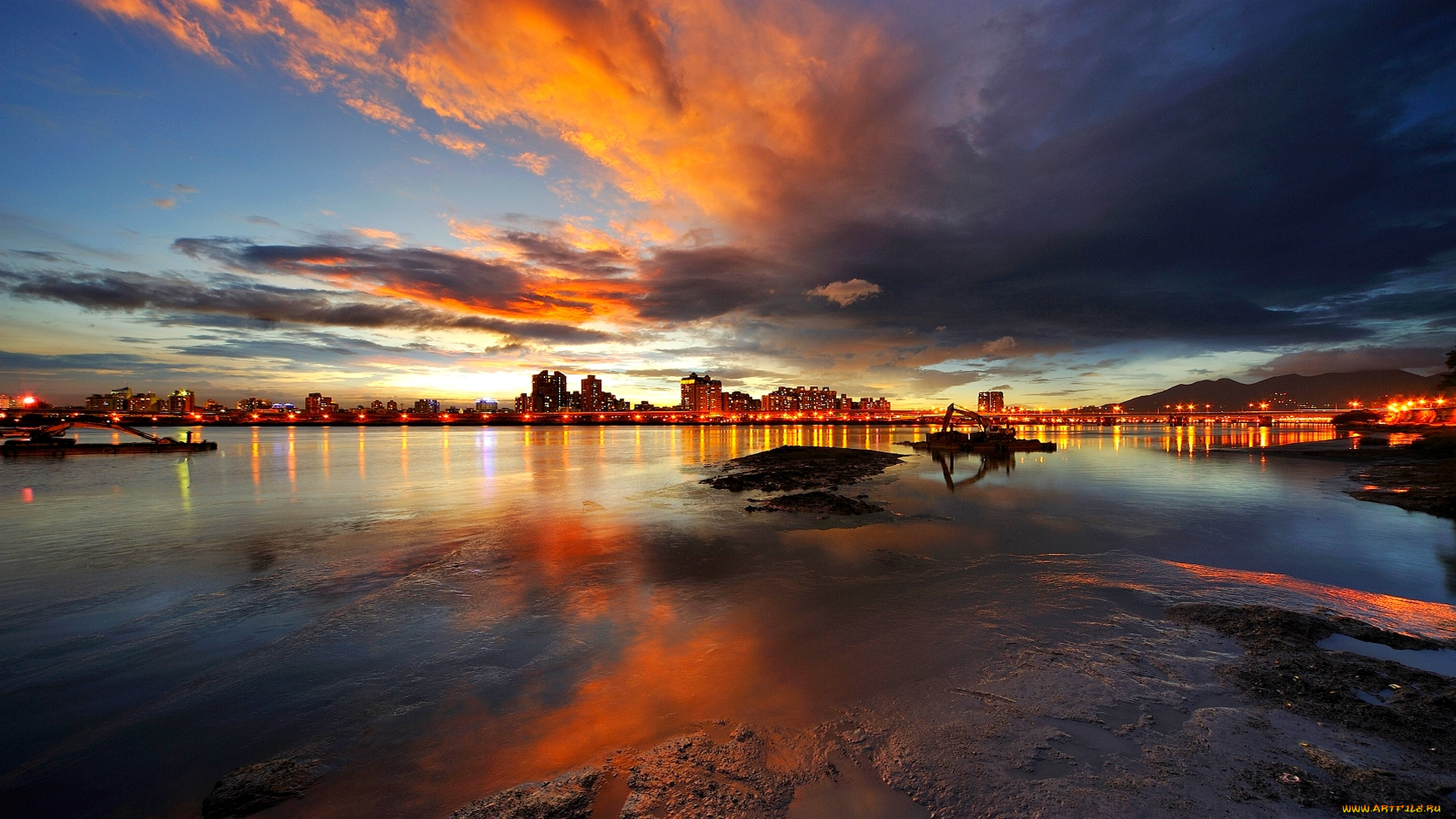 города, огни, ночного, побережье, ночь, город, тучи, зарево