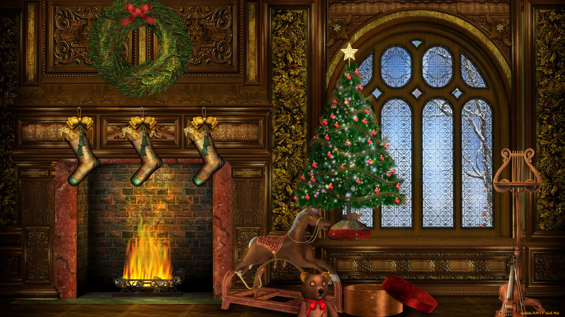 праздничные, 3д, графика, новый, год, елка, подарки, очаг
