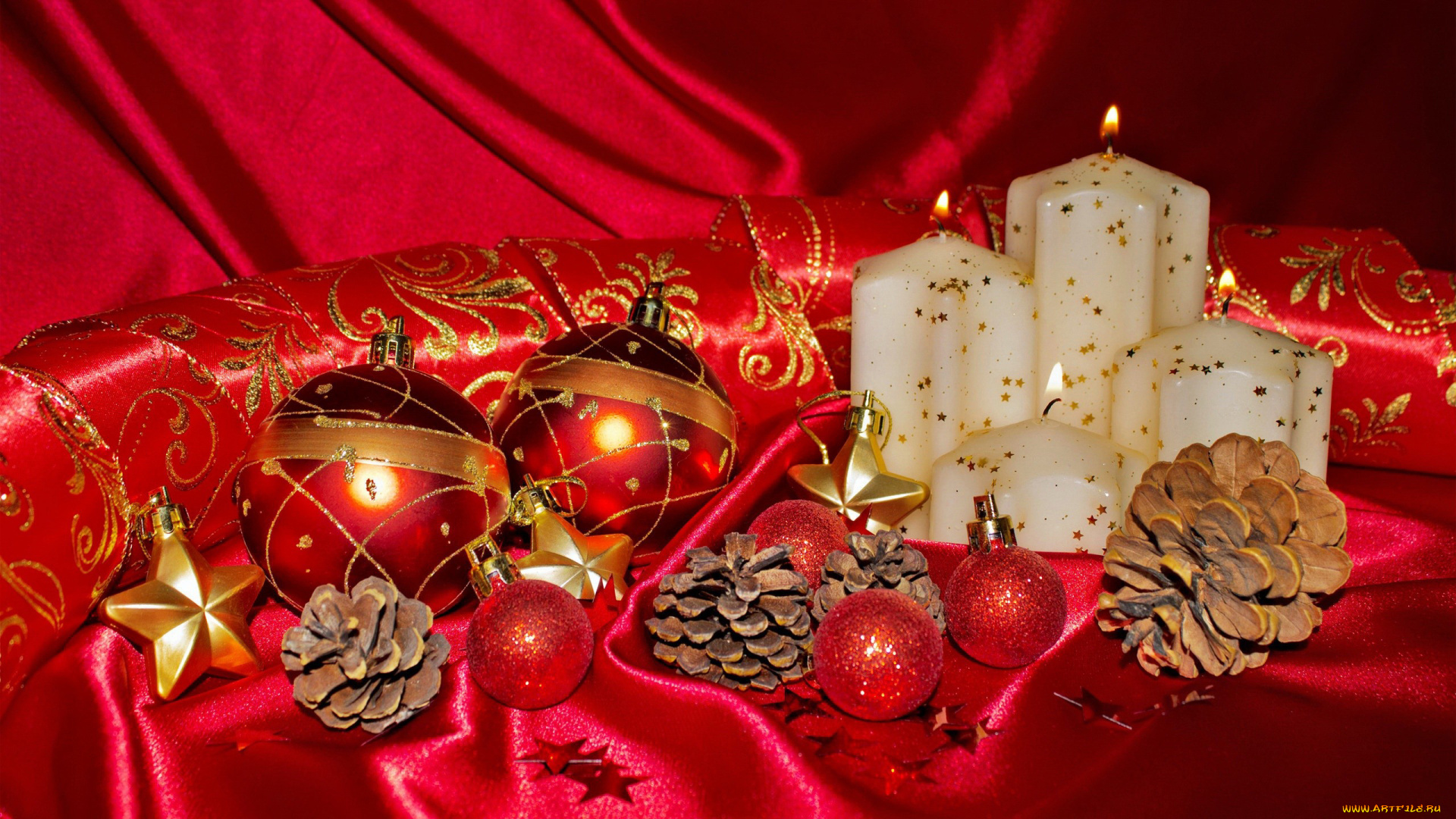 праздничные, разное, новый, год, лента, шишки, свечи, шарики