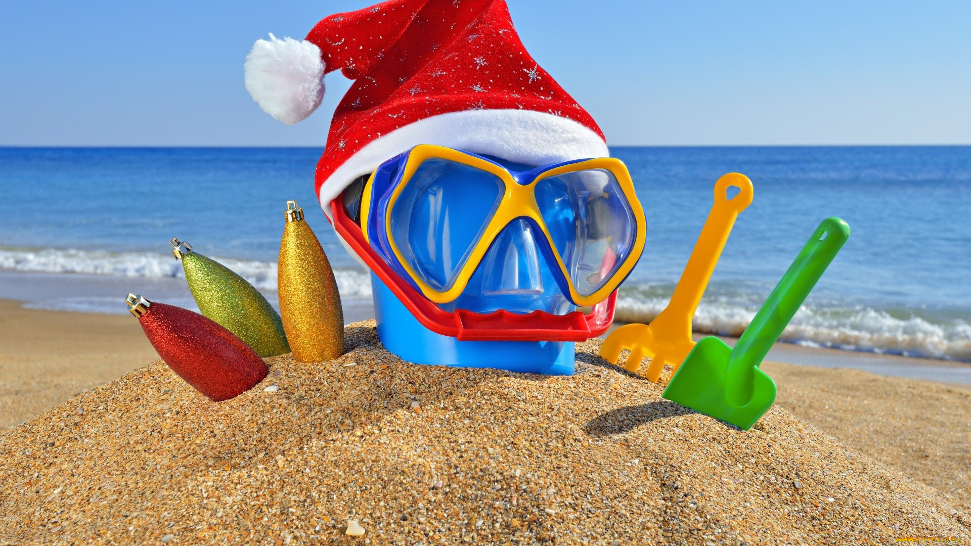 праздничные, разное, новый, год, совки, море, пляж, колпак