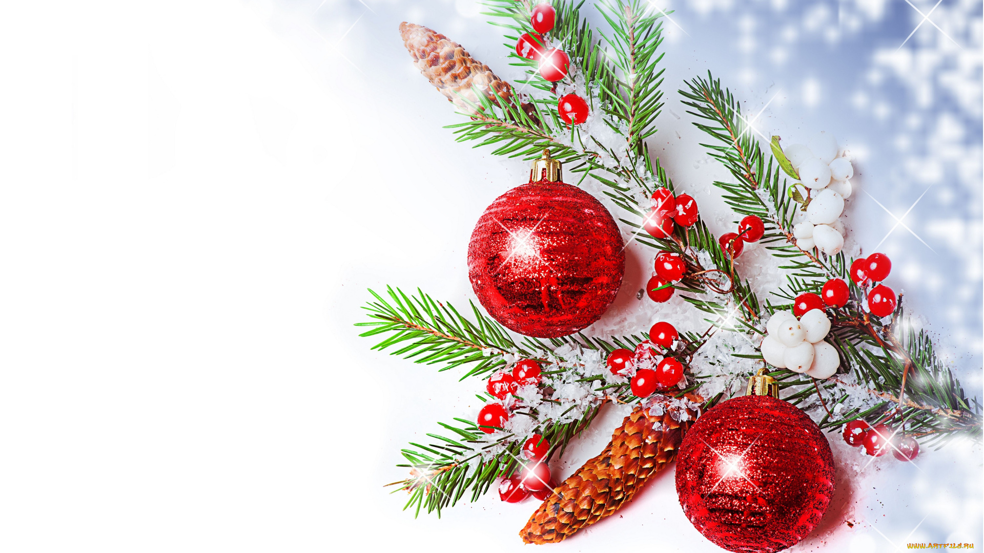 праздничные, разное, новый, год, ветка, шарики, шишки, ягоды