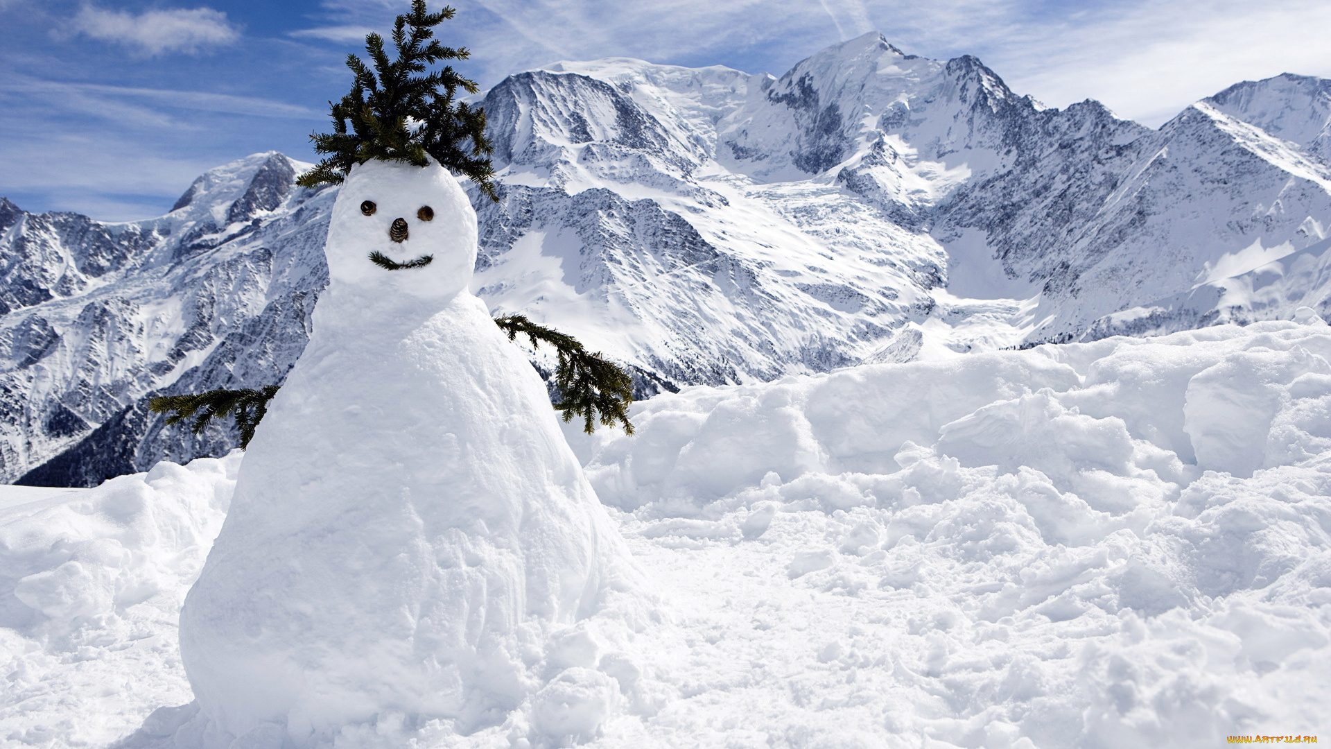 праздничные, снеговики, горы, снеговик