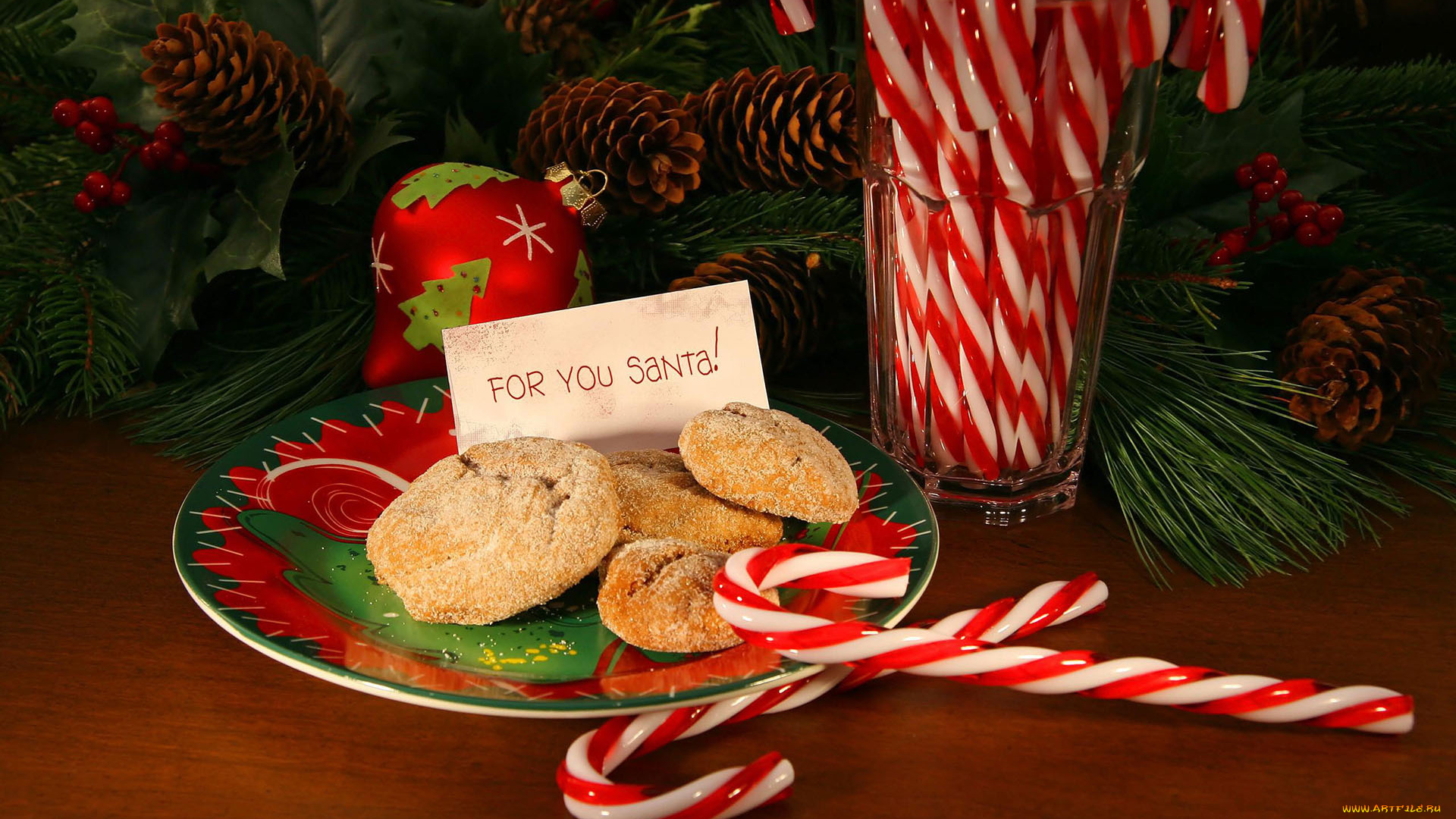 праздничные, угощения, шишки, записка, тарелка, печенье, леденцы