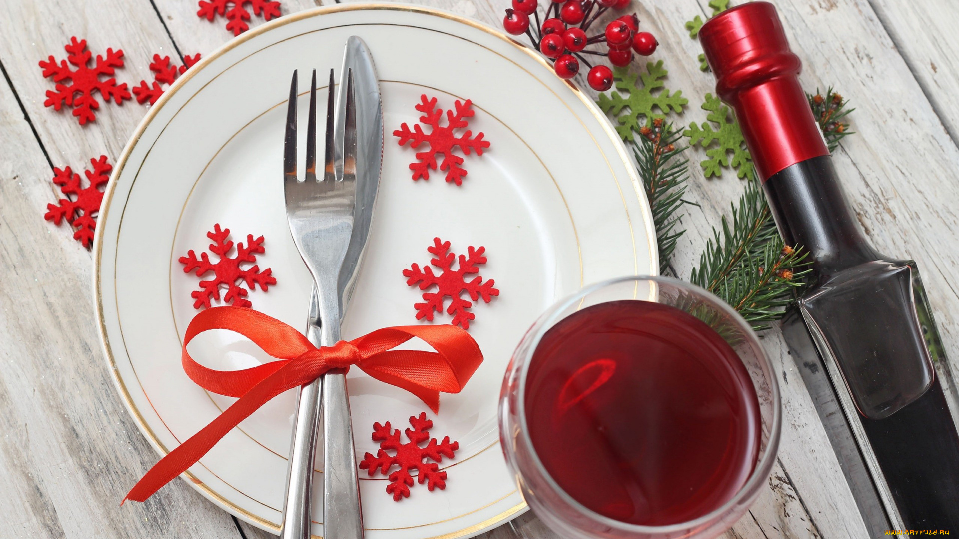 праздничные, угощения, снежинки, бант, ягоды, бутылка, вино