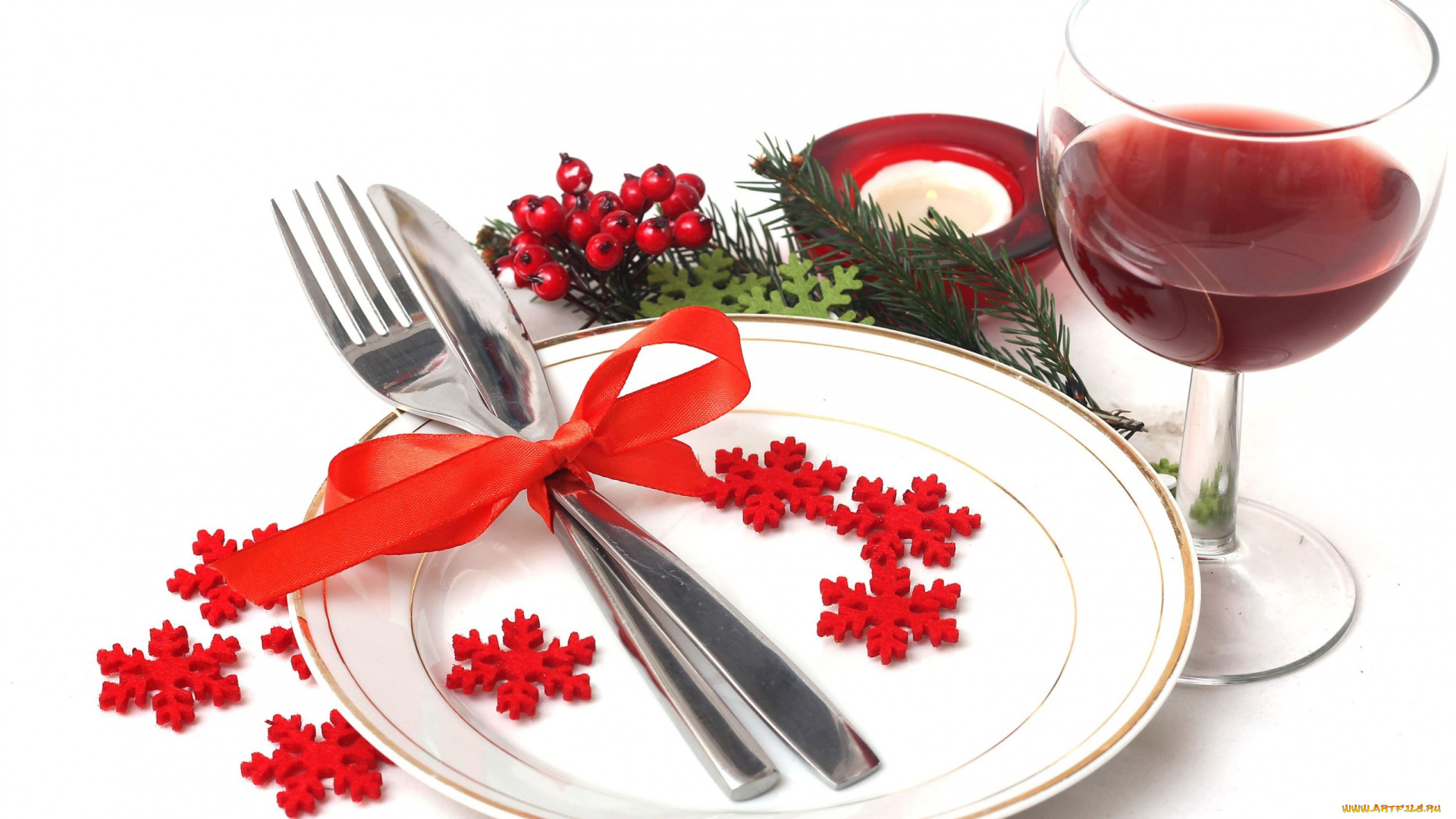 праздничные, угощения, ягоды, свеча, снежинки, вино, бант, бокал