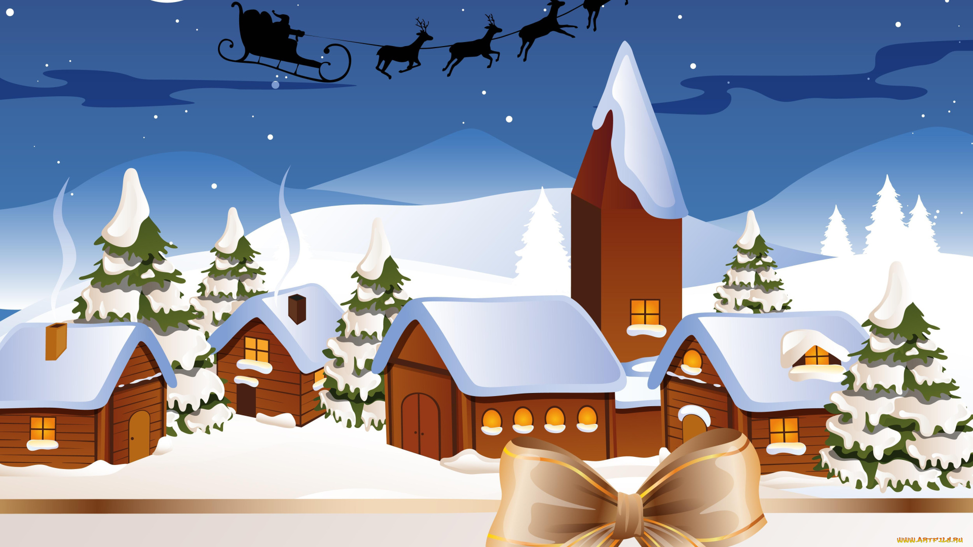 праздничные, векторная, графика, новый, год, бант, город, зима, олени