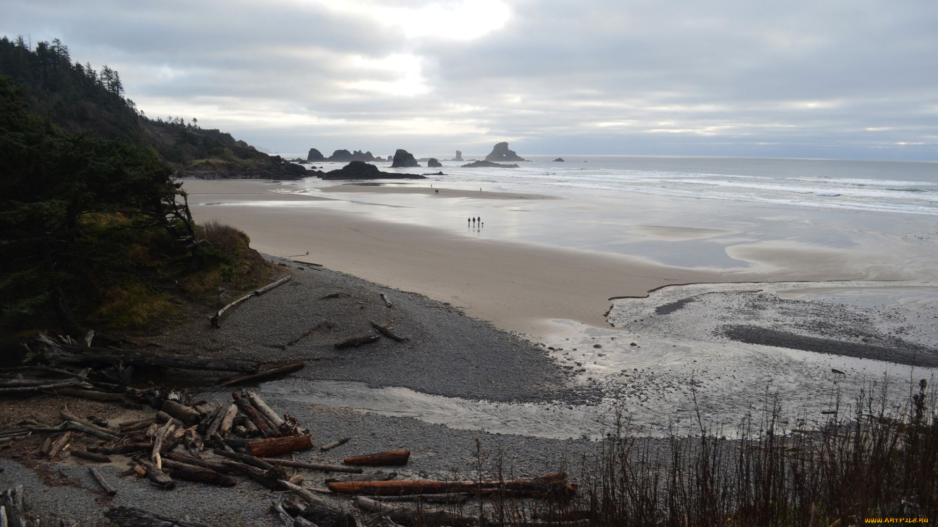 природа, побережье, фигуры, океан, пляж, скалы, тучи, сумрак