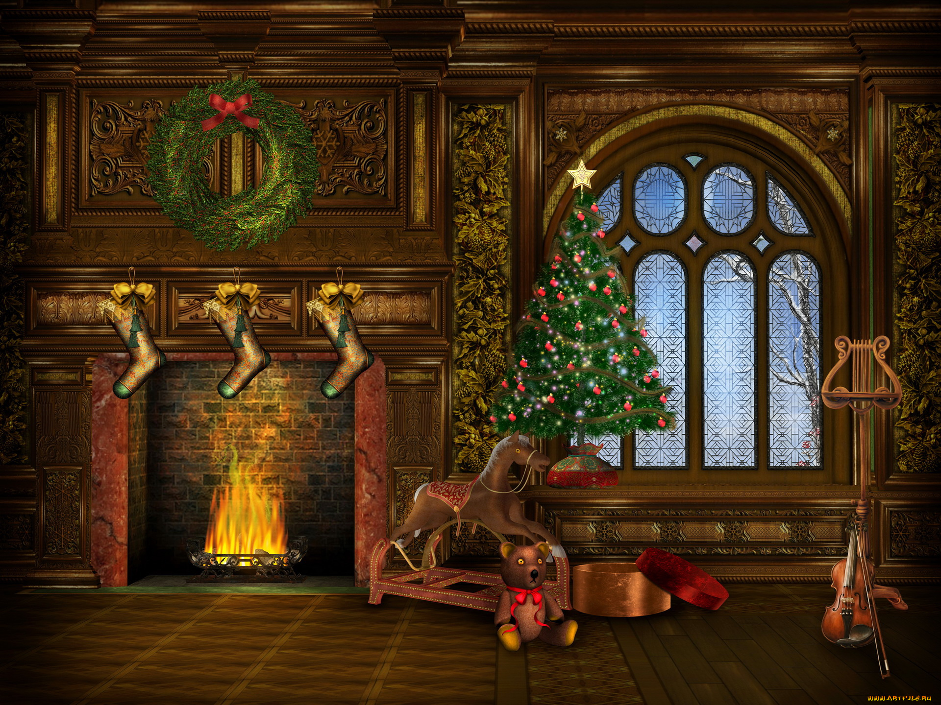 праздничные, 3д, графика, новый, год, елка, подарки, очаг
