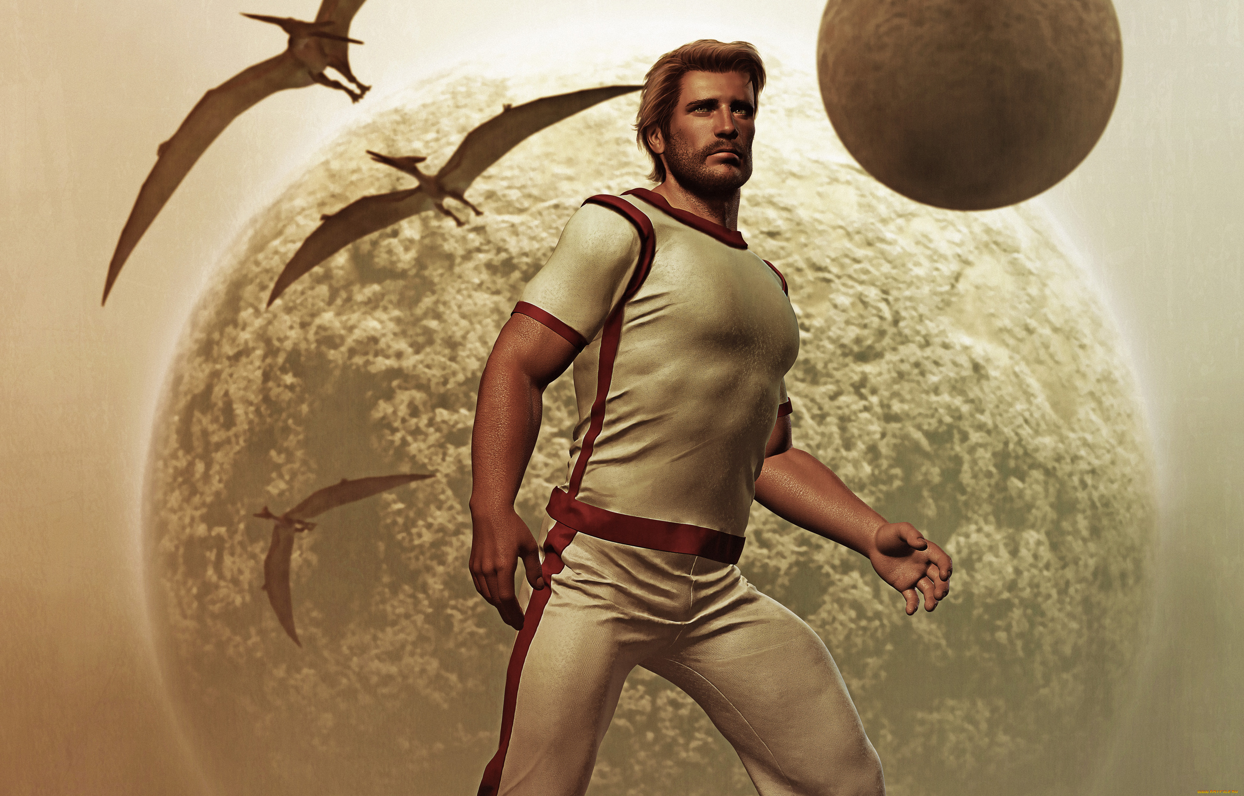 фэнтези, люди, птеродактиль, борода, блондин, мужчина, космос, планета, майка, штаны