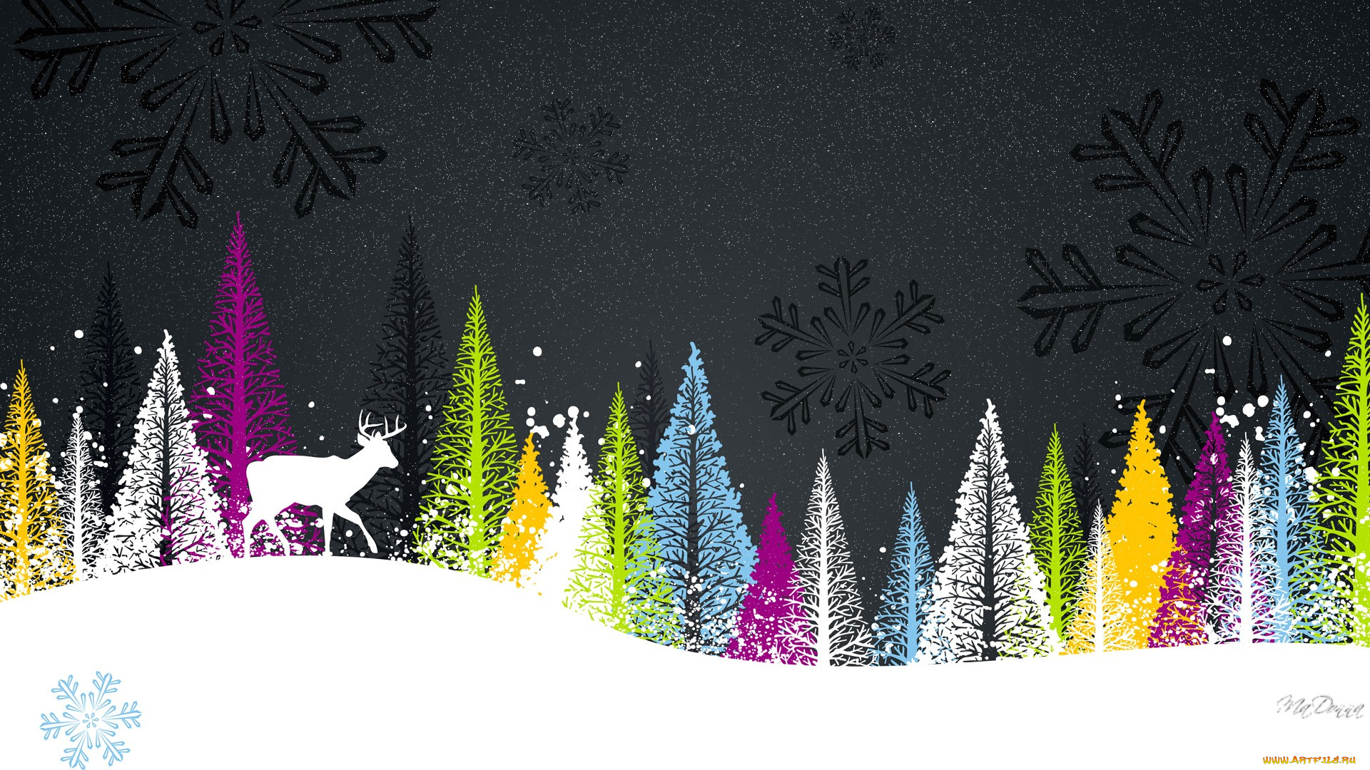 векторная, графика, ели, снег, олень, снежинки