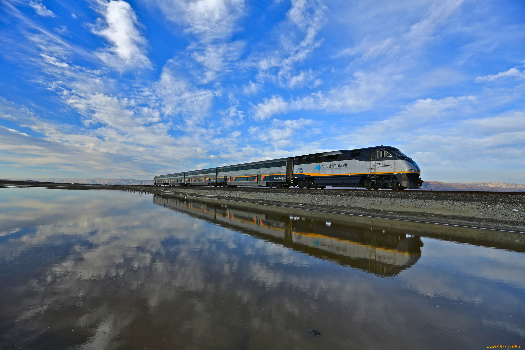 техника, поезда, отражения, вода, небо, сша, калифорния, drawbridge, поезд