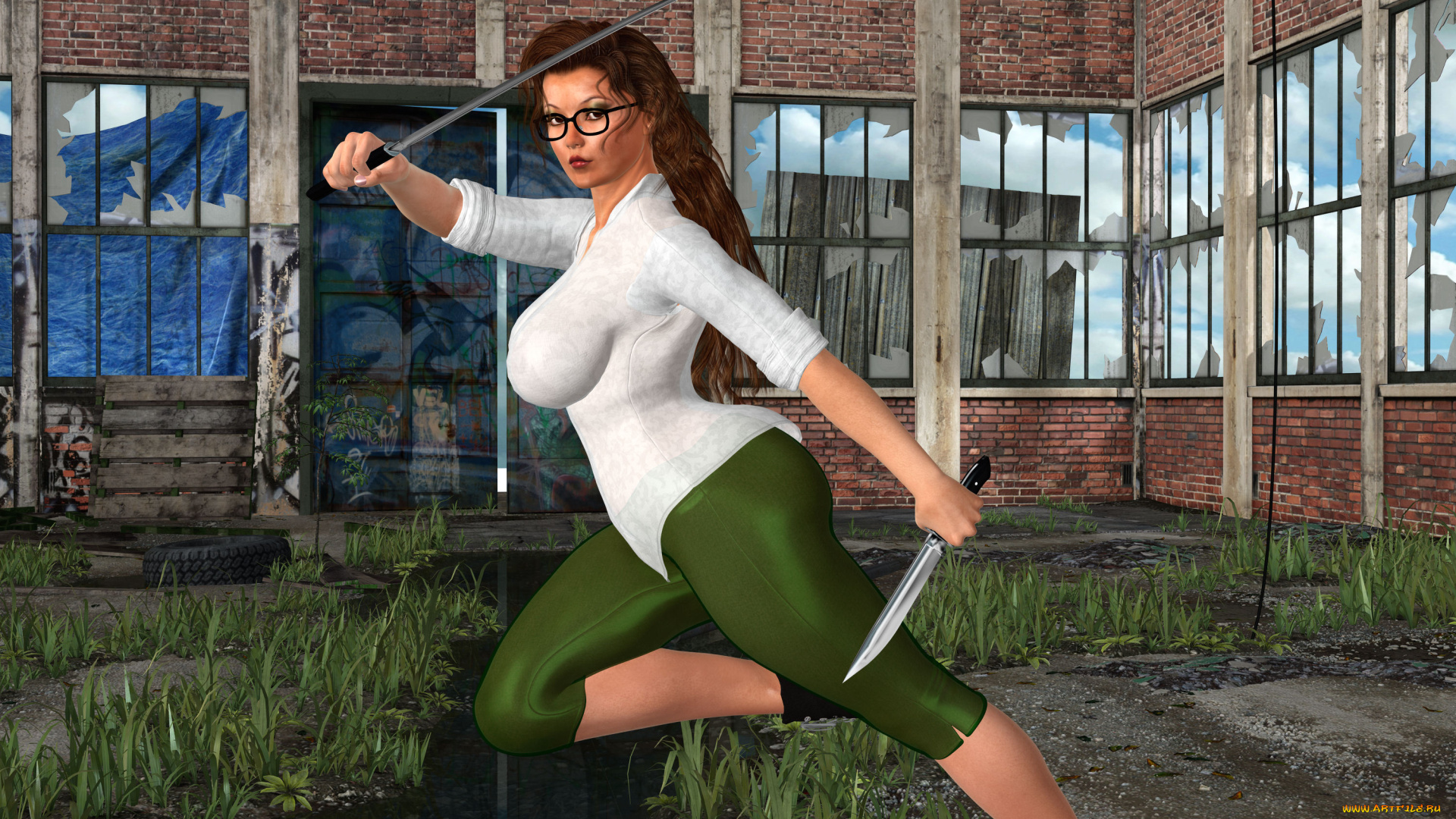 3д, графика, фантазия, , fantasy, оружие, фон, взгляд, девушка