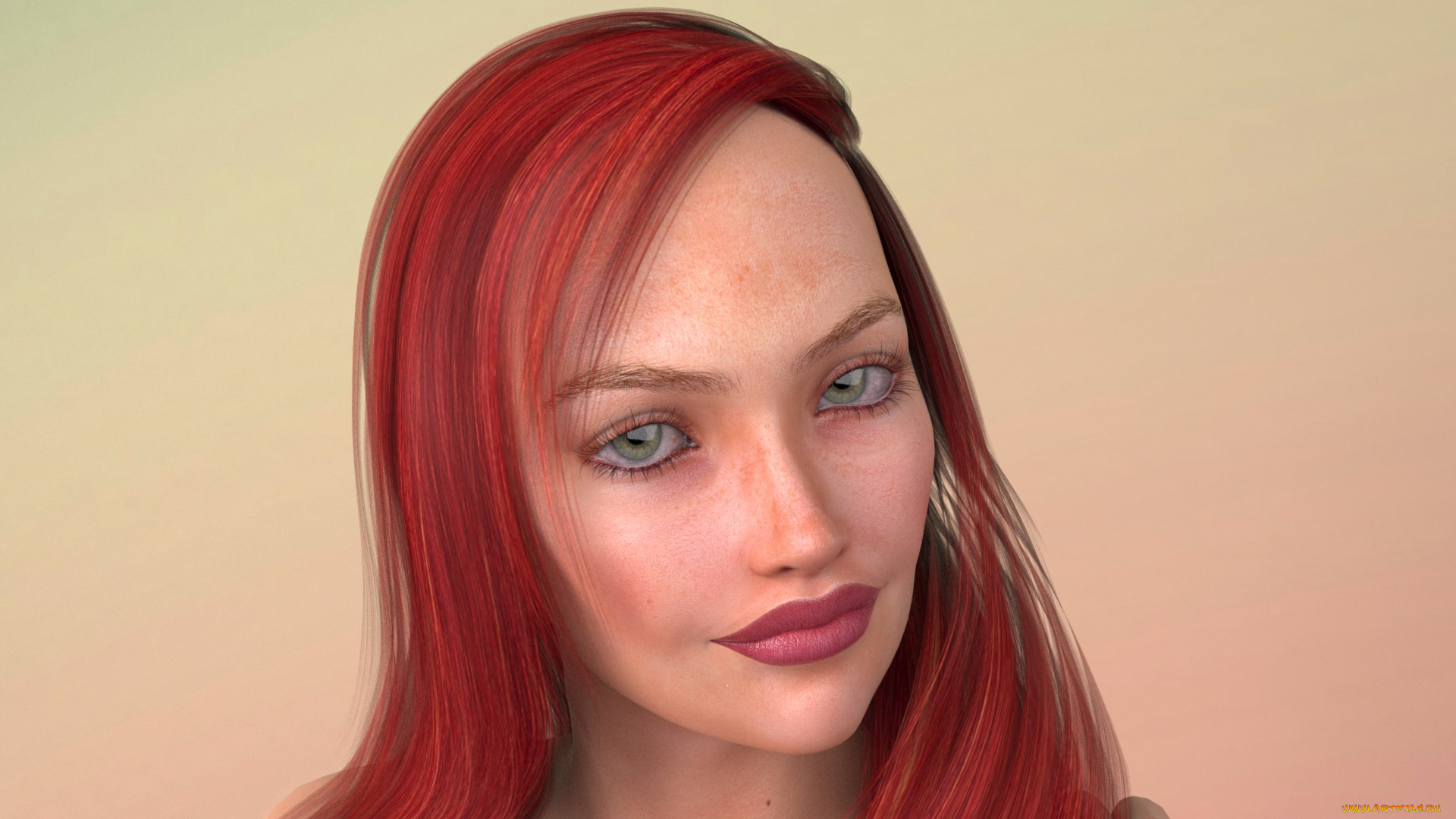 3д, графика, портрет, , portraits, рыжая, фон, взгляд, девушка