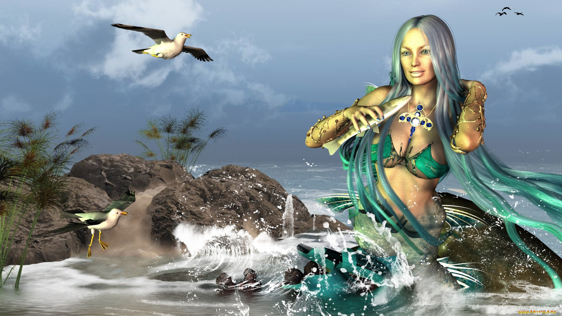 3д, графика, существа, , creatures, русалка, чайки, море, фон, взгляд, девушка, брызги