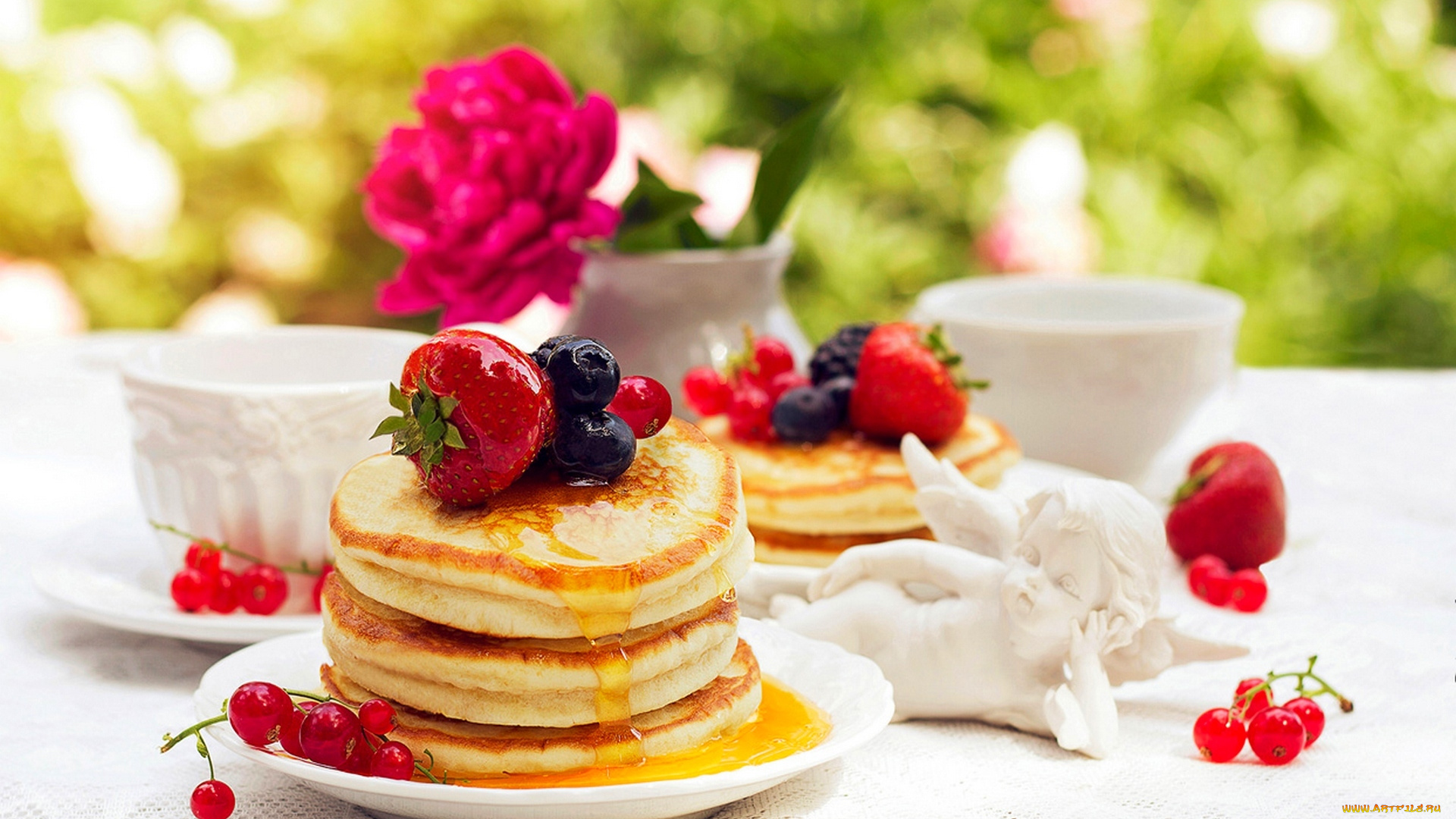 еда, блины, , оладьи, цветок, currants, кофе, черника, pancakes, food, смородина, клубника