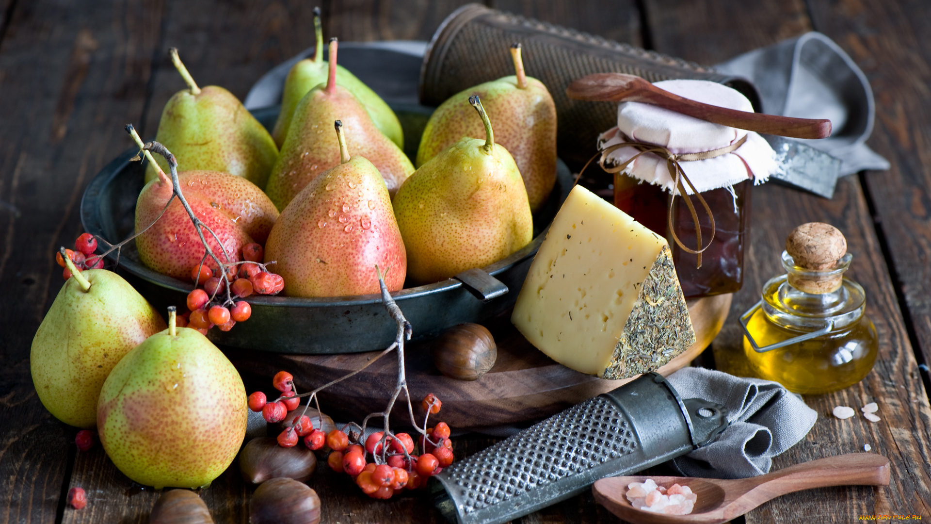 еда, разное, груши, натюрморт, баночка, мед, масло, сыр, фрукты