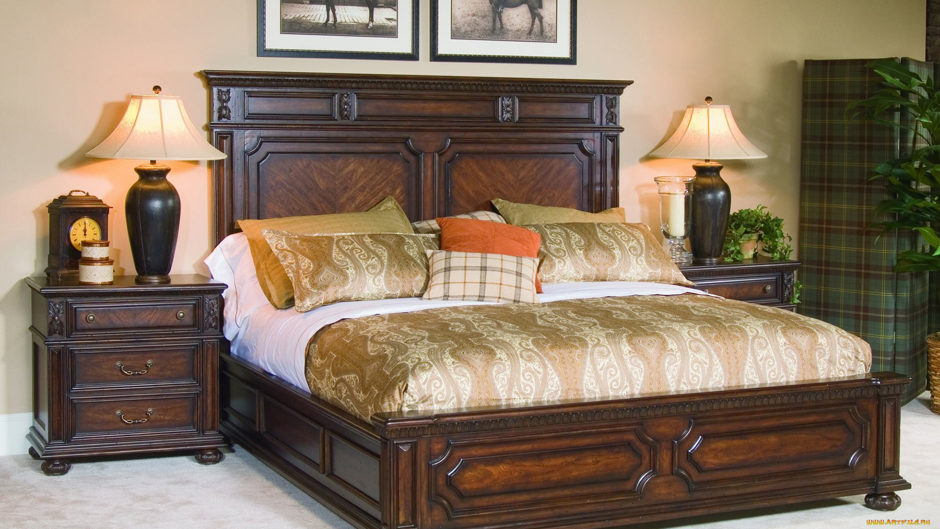 интерьер, спальня, окно, тумбочки, подушки, кровать, зеркало, лампа, свет