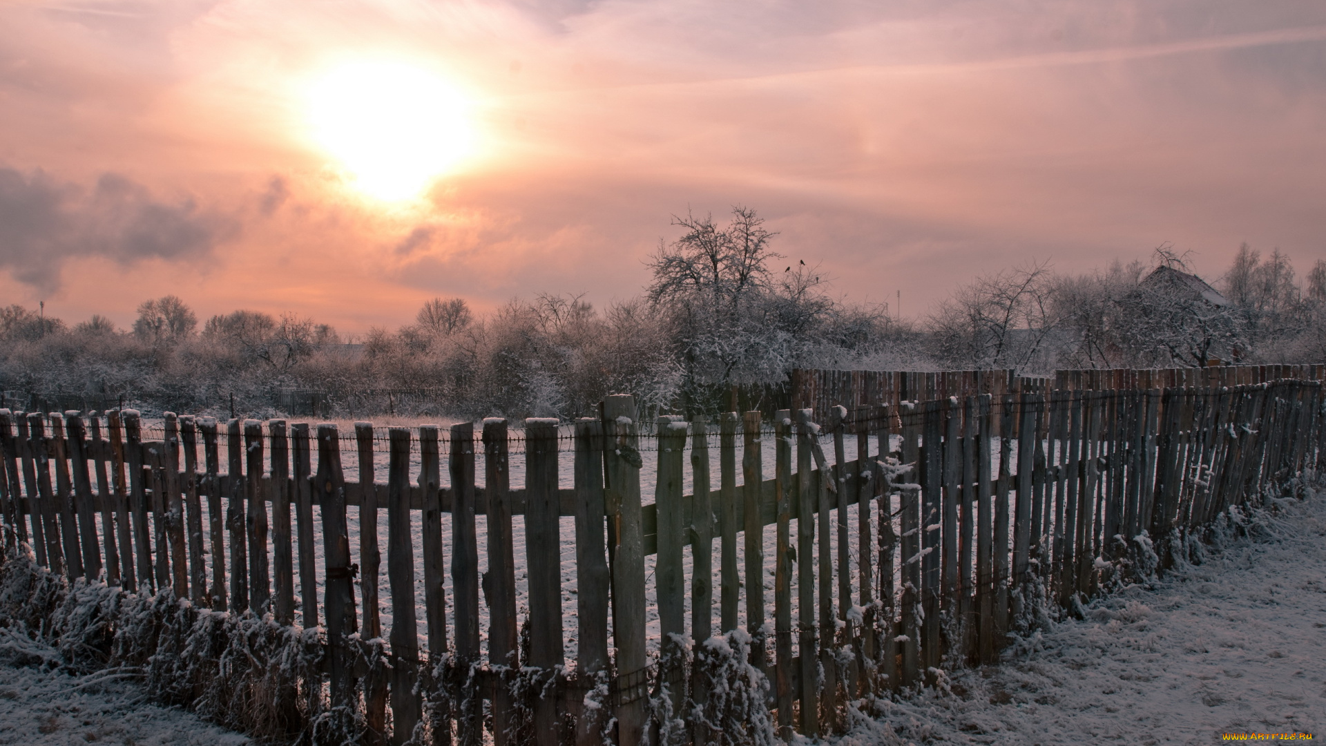 природа, зима, забор, закат, деревня