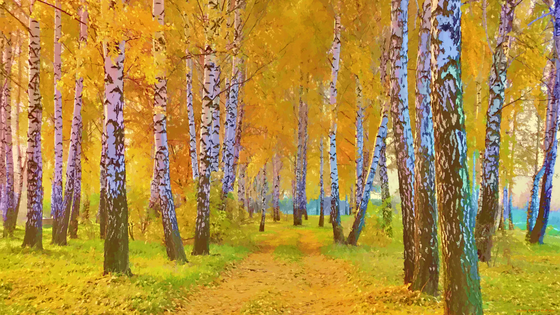 рисованное, природа, осень, пейзаж, трава, листья, березы, деревья, дорога