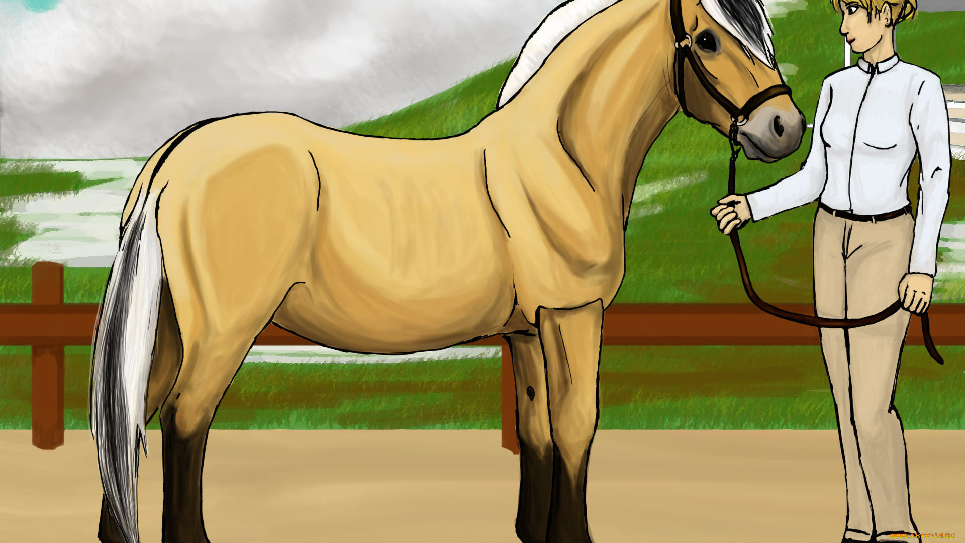 рисованное, животные, , лошади, небо, холмы, забор, всадник, лошадь