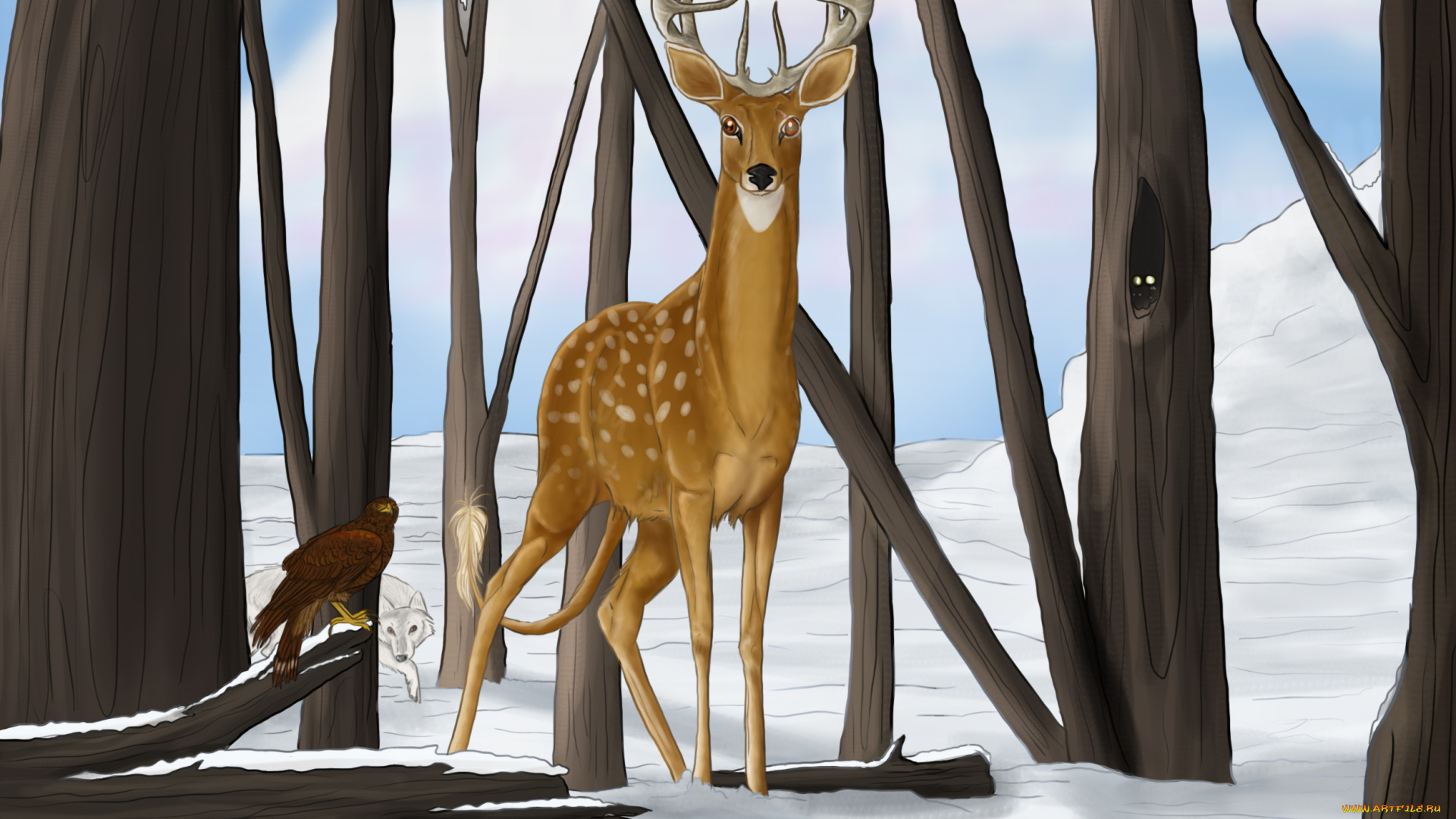 рисованное, животные, , олени, снег, олень, лес, рога, деревья, птица, волк