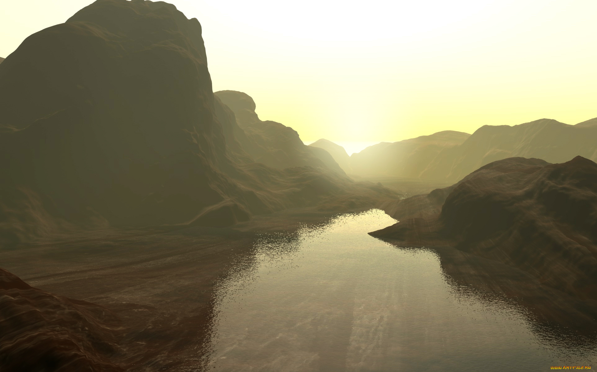 3д, графика, природа, , nature, река, горы