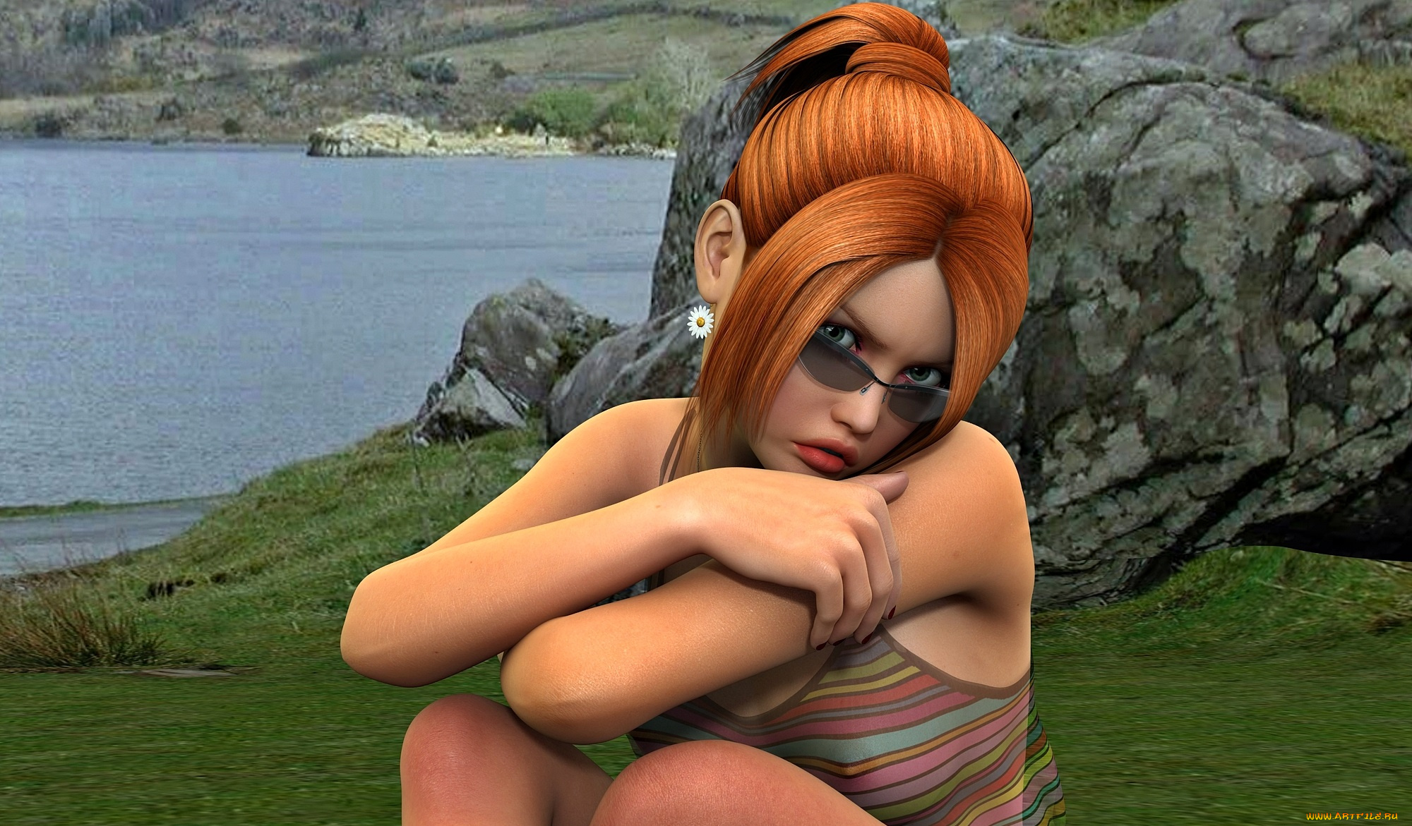 3д, графика, люди, , people, рыжая, фон, девушка, взгляд