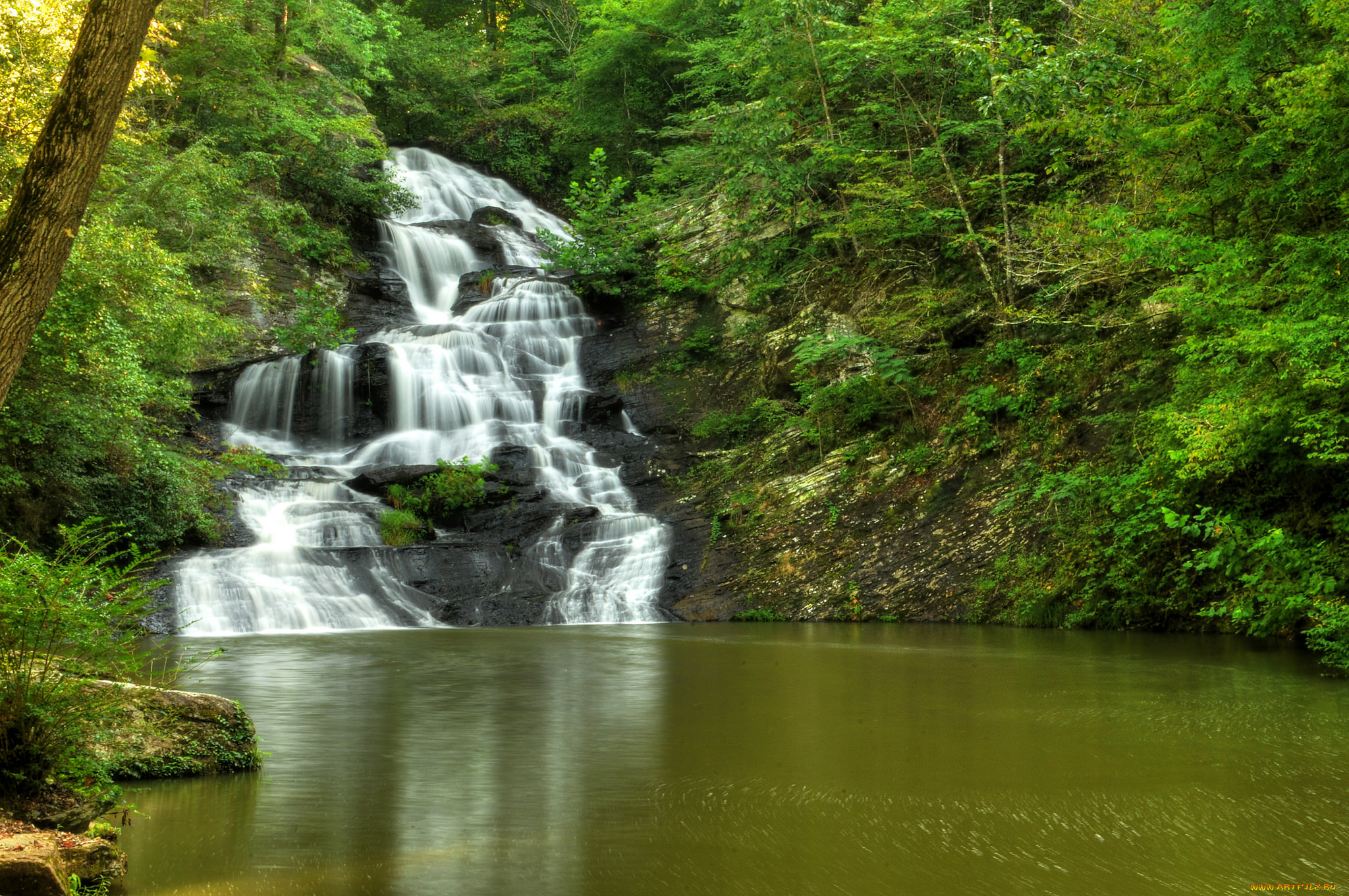 природа, водопады, лес, река, водопад