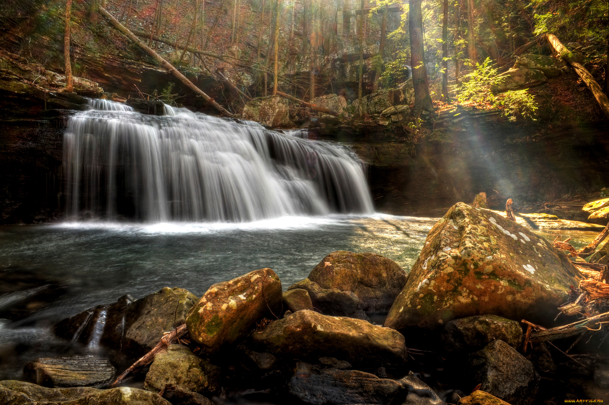 природа, водопады, лес, река, водопад