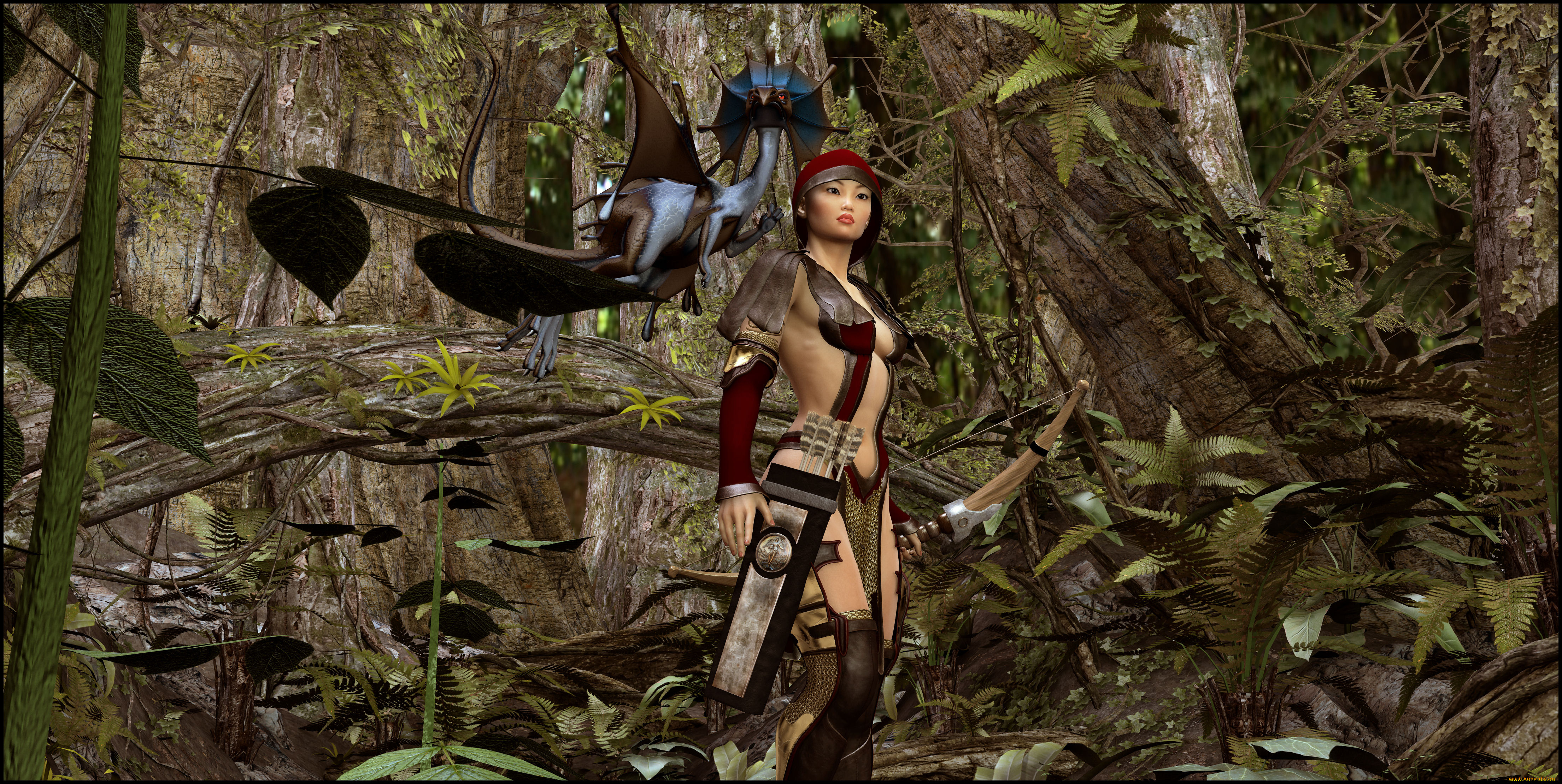 3д, графика, фантазия, , fantasy, лес, взгляд, девушка, дракон