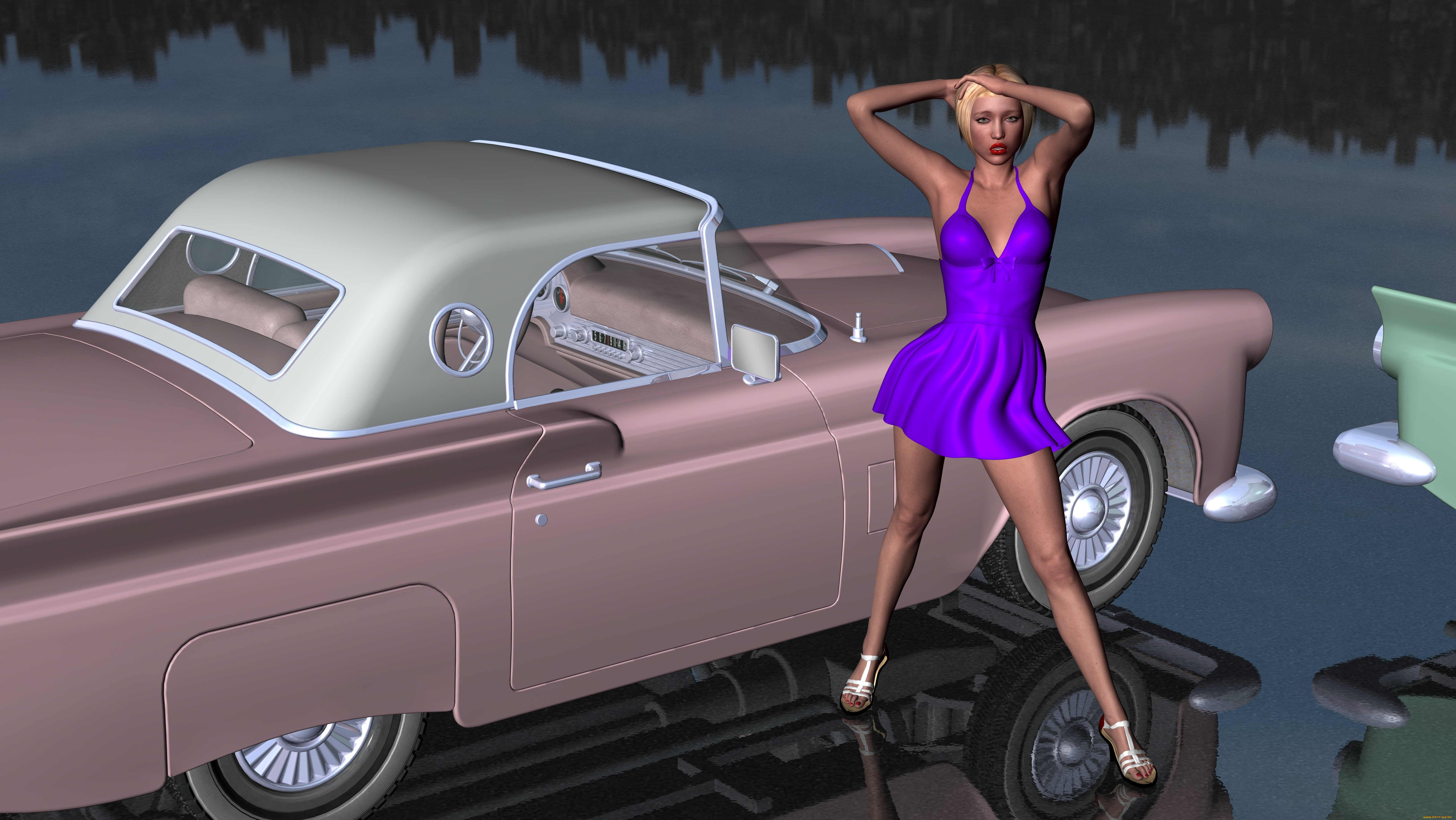 автомобили, 3d, car&girl, взгляд, девушка, платье, автомобиль, фон