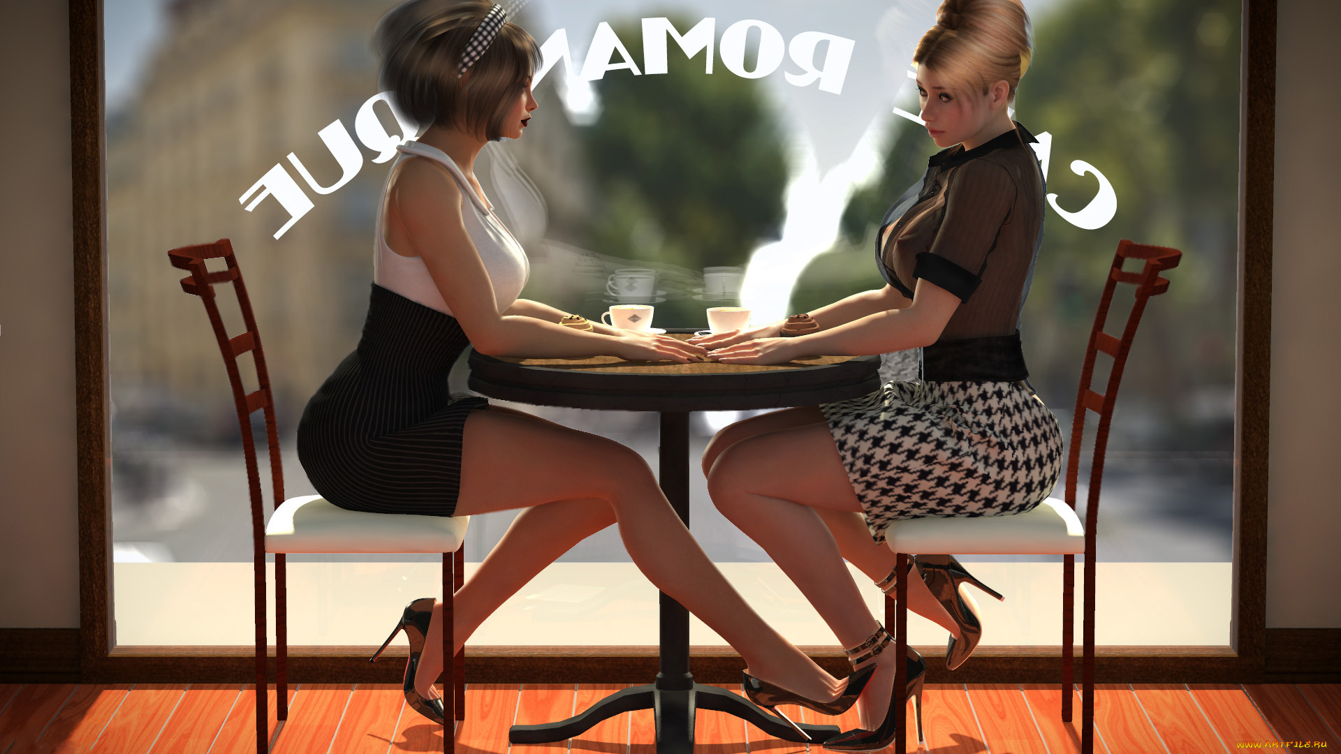 3д, графика, люди, , people, стул, стол, кафе, фон, девушки