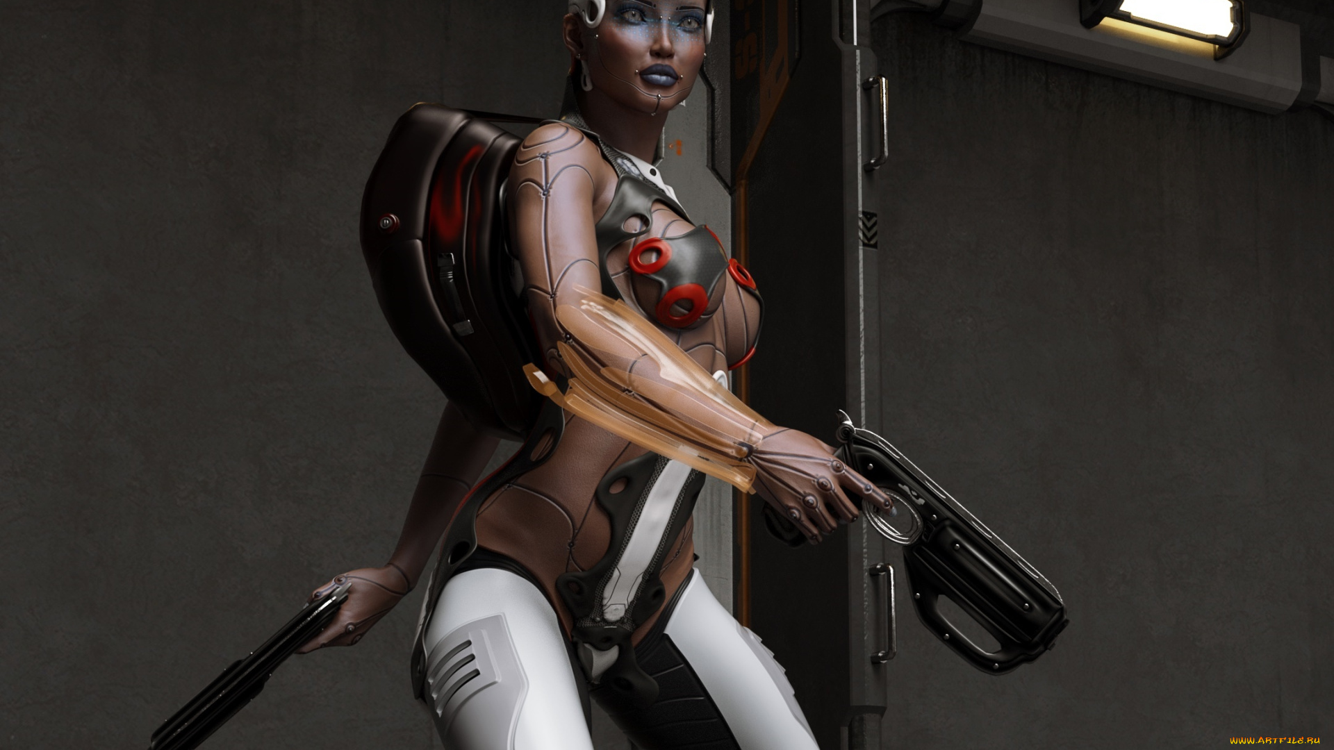 3д, графика, _science, fiction, девушка, взгляд, фон, оружие