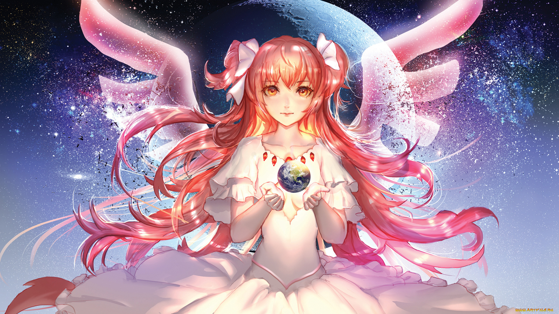 аниме, ангелы, , демоны, madokami, рыжая, платье, планета, сфера, крылья, арт, девушка, anime