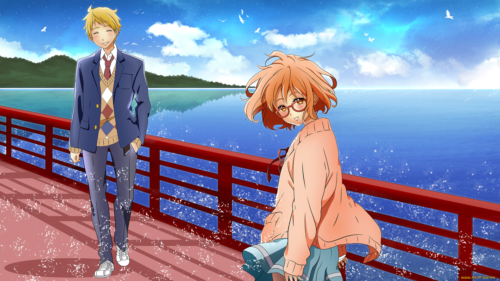 аниме, kyoukai, no, kanata, девушка, парень, арт, kyoukai, no, kanata, kuriyama, mirai, kanbara, akihito, kuzakawe, maron