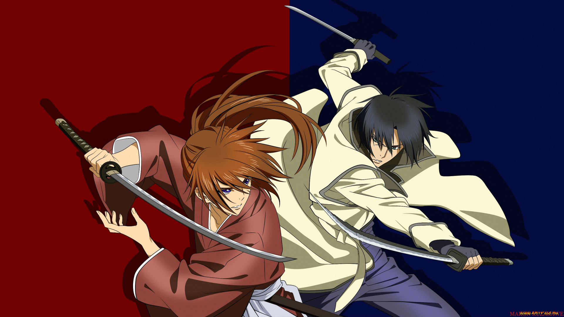 аниме, rurouni, kenshin, aoshi, shinomori, оружие, himura, мужчина, меч, kenshin, самурай