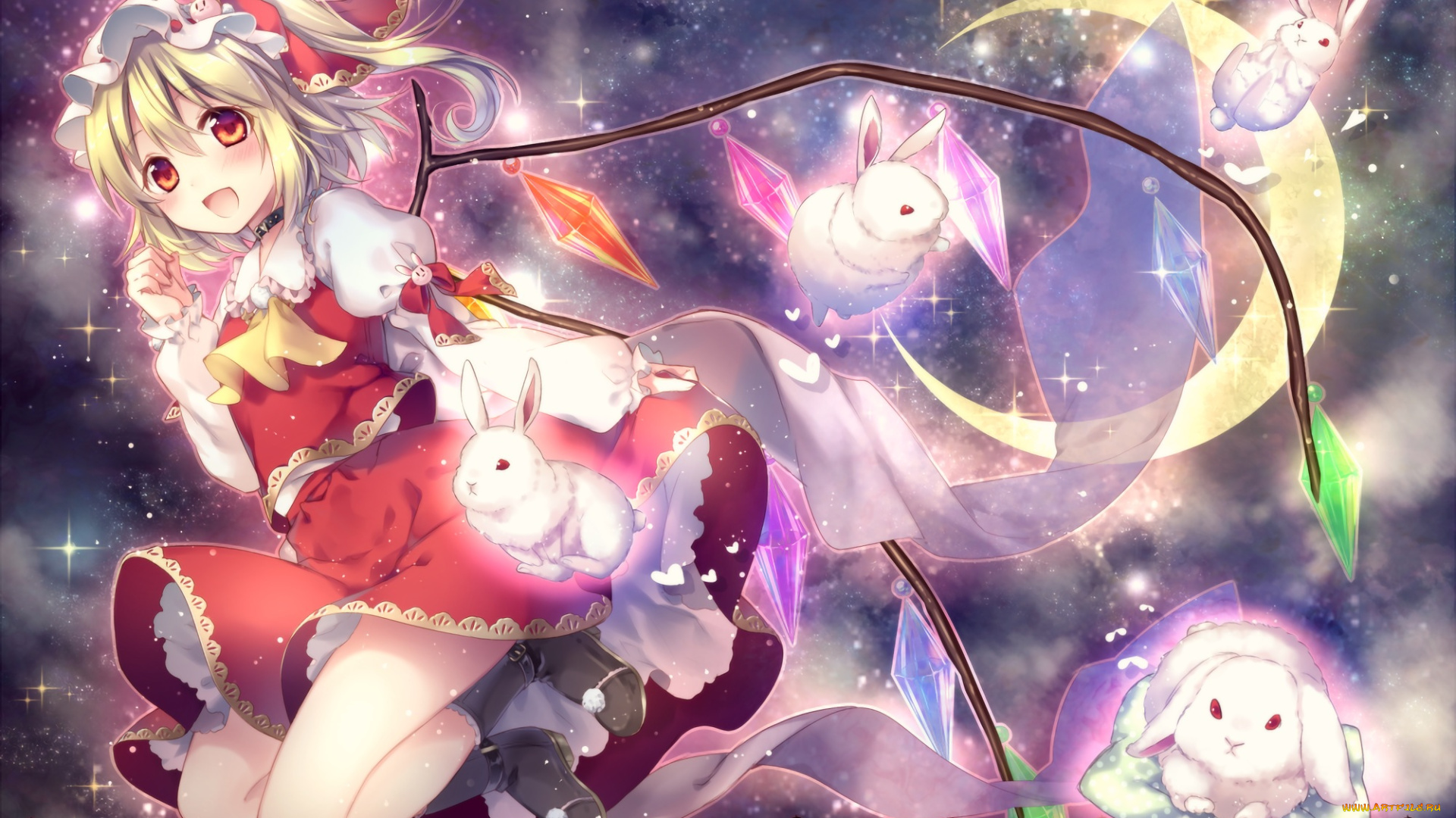 аниме, touhou, девочка, кролики, арт, riichu, flandre, scarlet