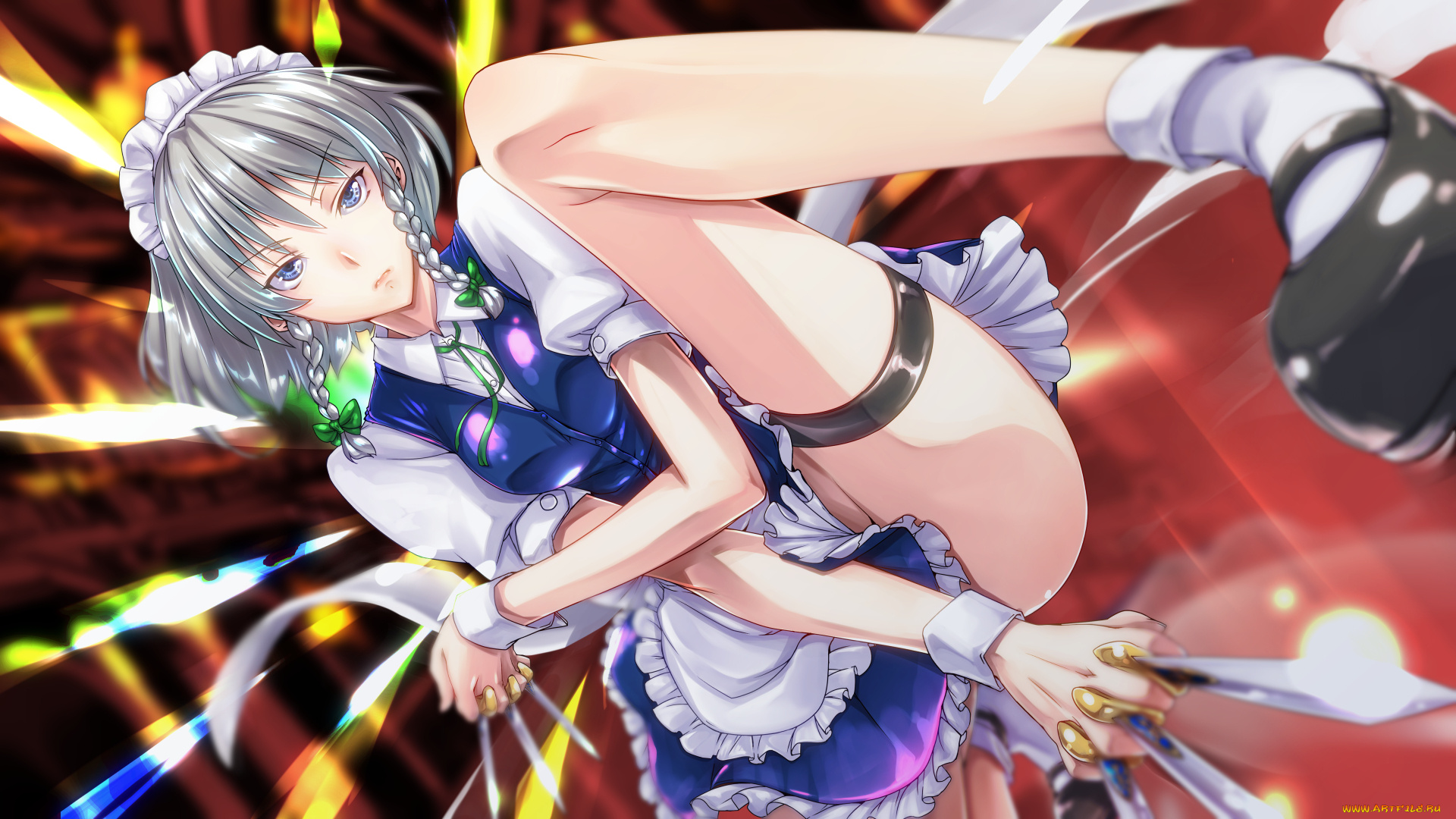 аниме, touhou, девушка, взгляд, ножи, оружие, ebido, арт, izayoi, sakuya