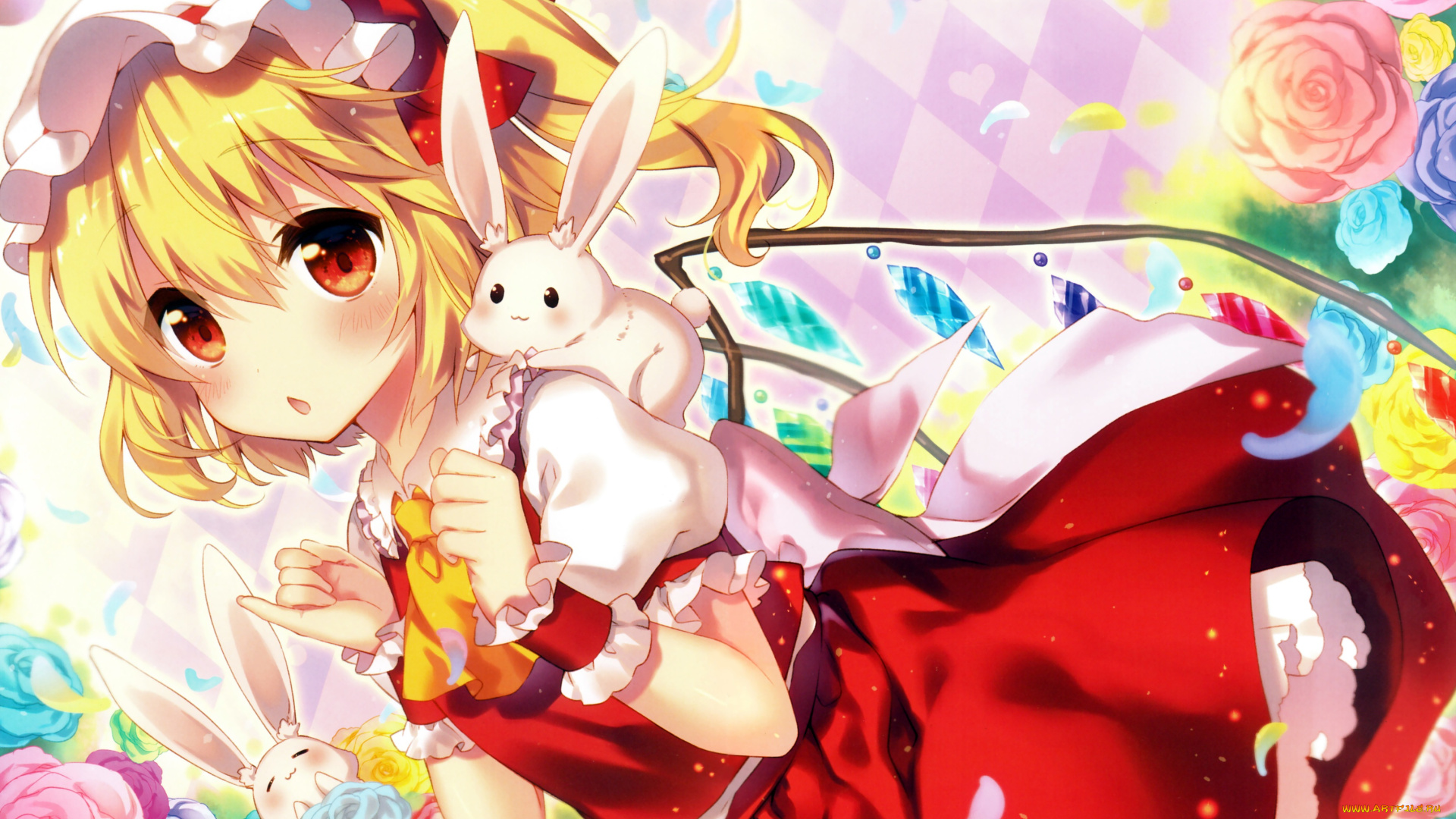 аниме, touhou, riichu, flandre, scarlet, кролик, девочка, арт