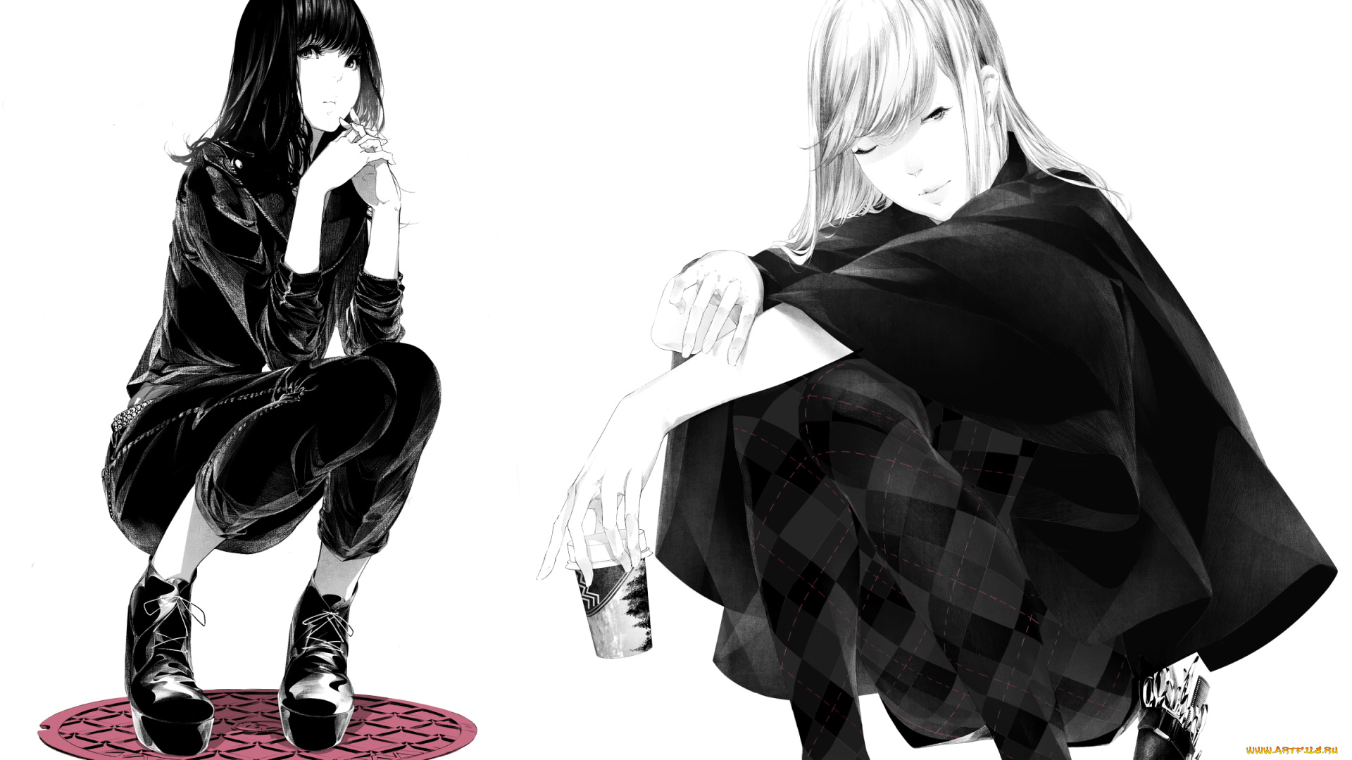 аниме, unknown, , другое, art, sawasawa, девушки, сидят, люк, ножницы, стакан