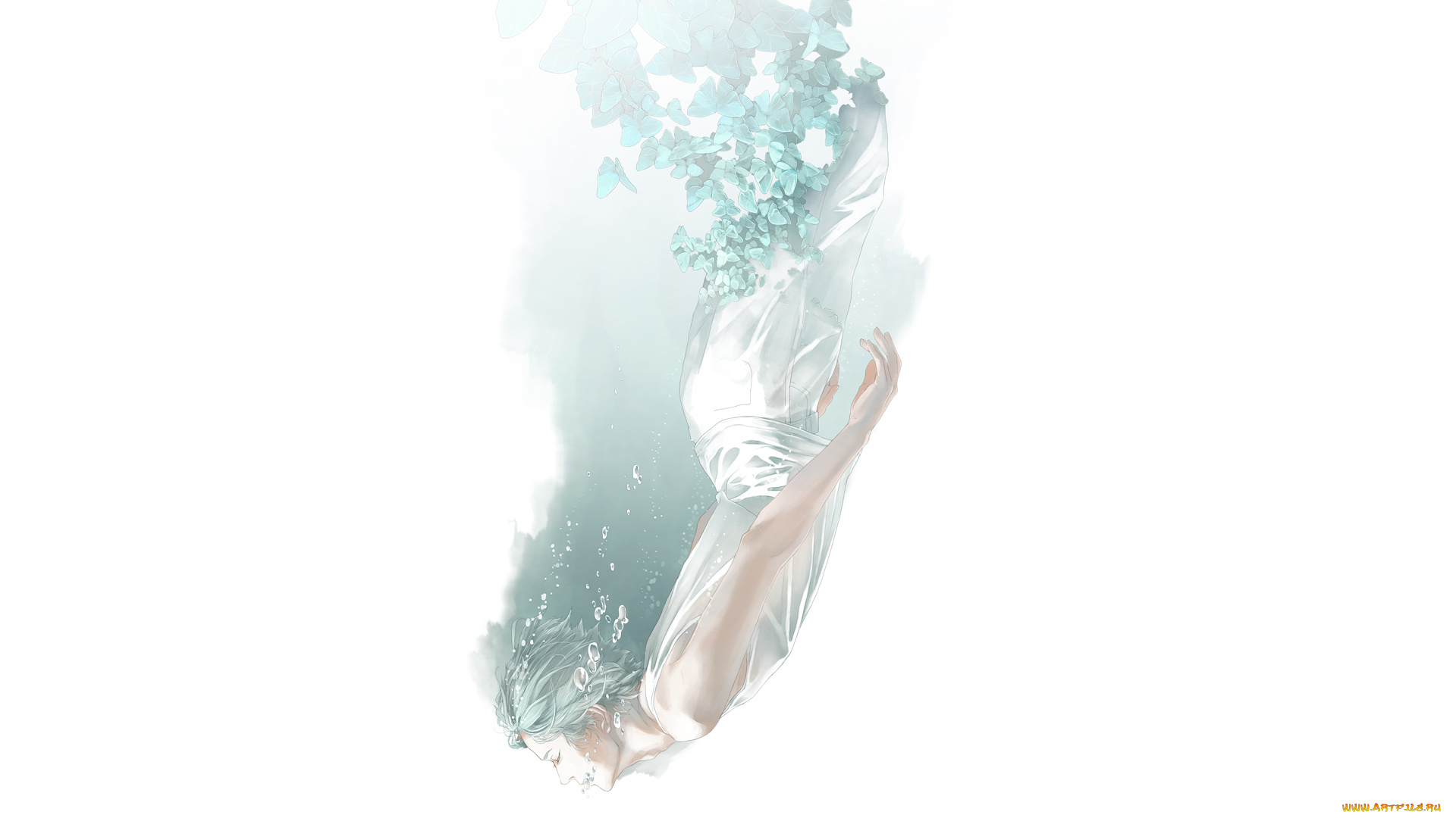 аниме, unknown, , другое, бабочки, re, пузыри, парень, арт, вода