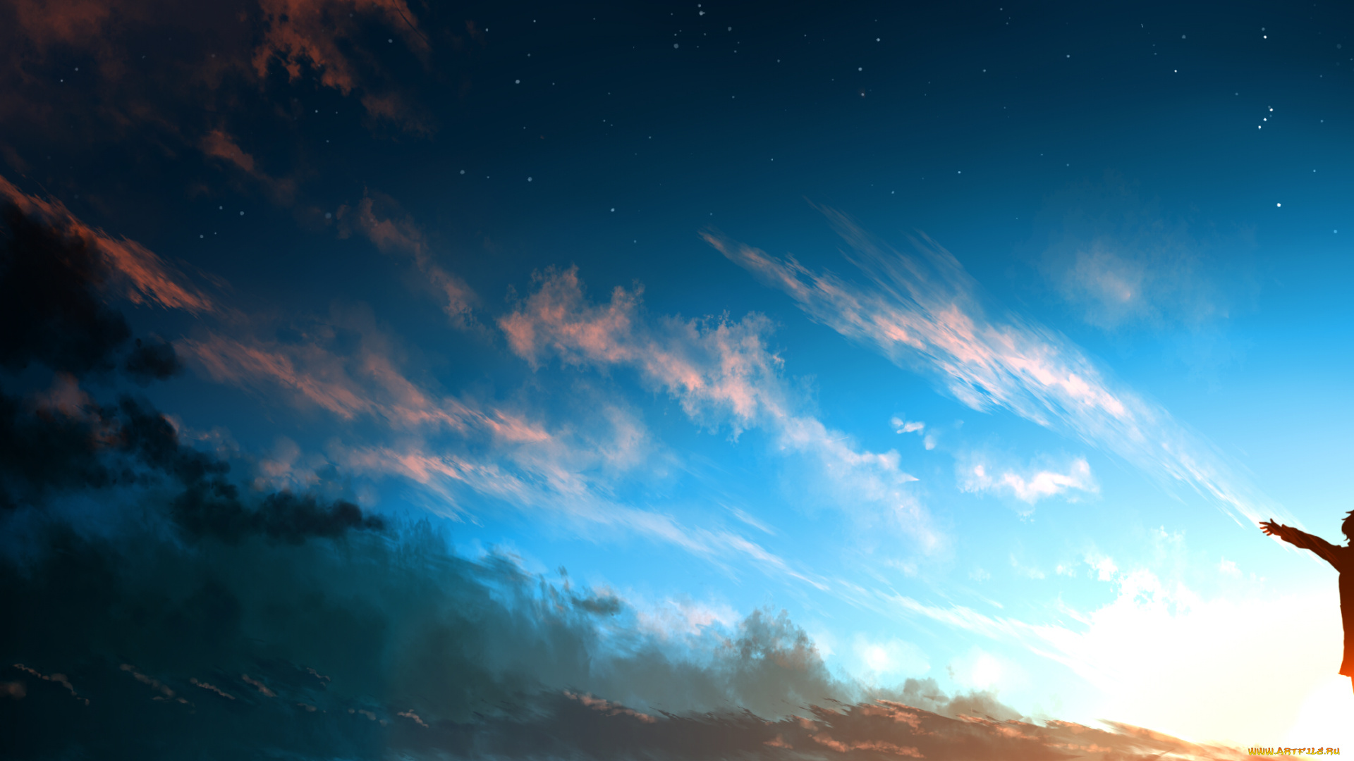 аниме, unknown, , другое, kibunya, 39, вечер, небо, девочка, арт