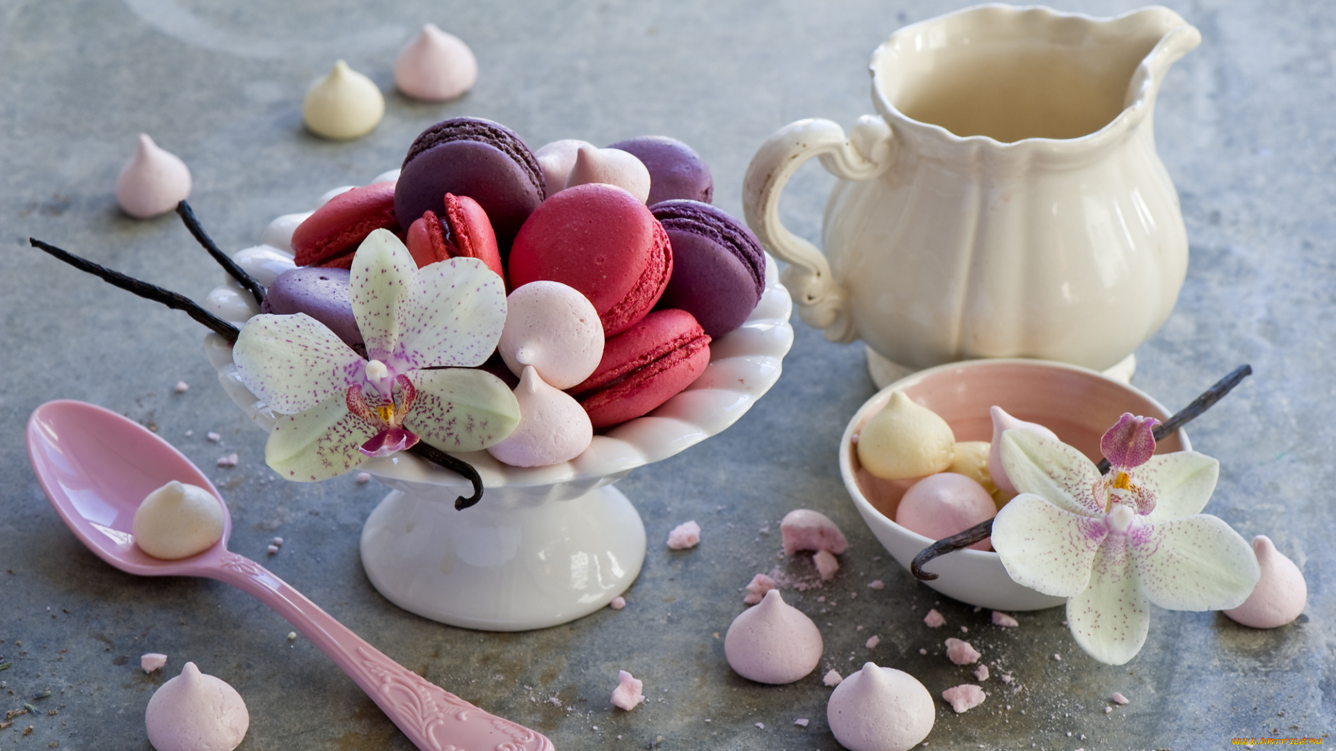 еда, макаруны, сладости, безе, орхидея